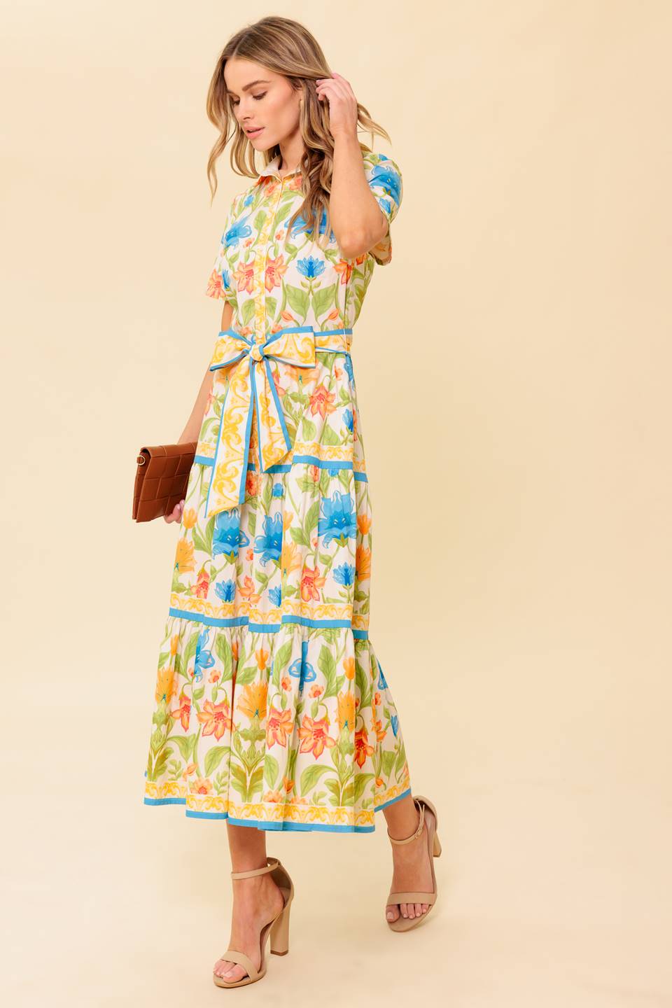 Ivory Floral Shirt Dress for Women - Elegant Casual Summer Dress for Office, Brunch & Date Night