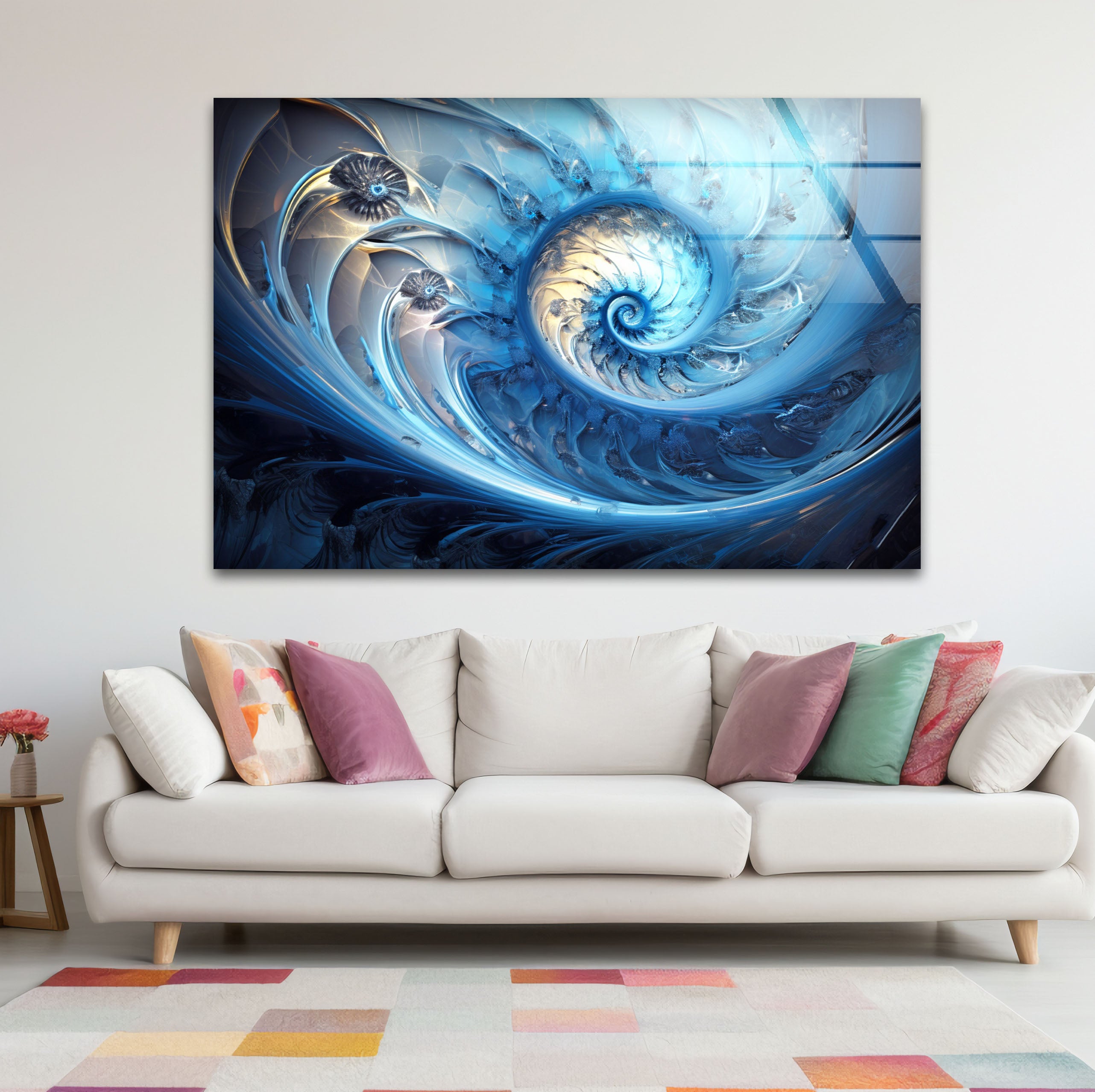 Blue Fractal Spiral Wall Art - Abstract Nautilus Glass Print for Modern Living Room & Office Decor | Perfect for Contemporary Home & Workspace Interiors