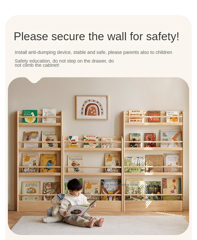 Popar Solid Wood Wall Mounted Bookshelf - Kids Book Storage Organizer for Nursery, Playroom & Classroom - Perfect for Children's Books, Toys & Decor