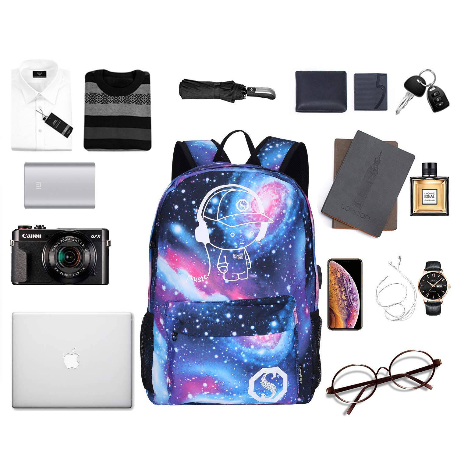 Galaxy Backpack for School & College - Anime Luminous Anti-Theft Laptop Backpack with USB Charging Port - Perfect for Students, Travel & Daily Commute