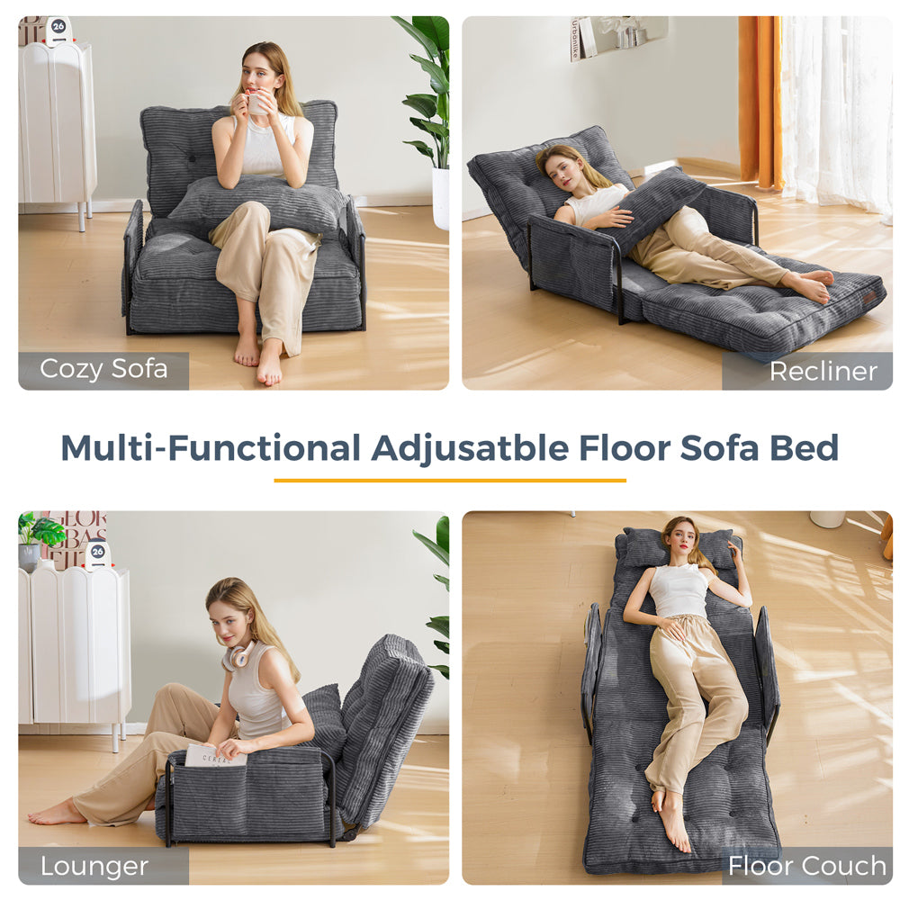MAXYOYO Adjustable Floor Sofa Bed - 5 Position Foldable Lazy Couch with Removable Pillow & Armrests - Single Size Dark Grey for Living Room, Bedroom & Small Spaces