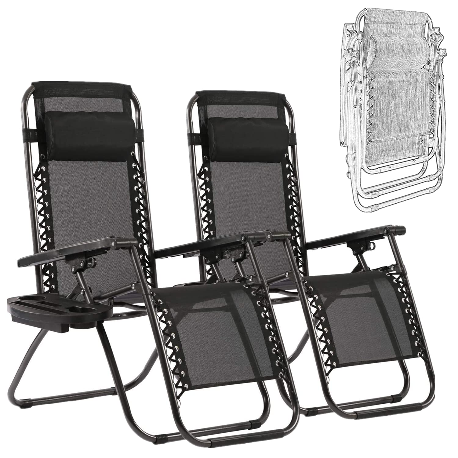 BSTOPHKL Zero Gravity Lounge Chairs Set of 2 - Adjustable Reclining Outdoor Folding Chairs with Headrest Pillow & Cup Holder - Perfect for Patio, Deck, Beach, Camping, Backyard & Poolside Relaxation