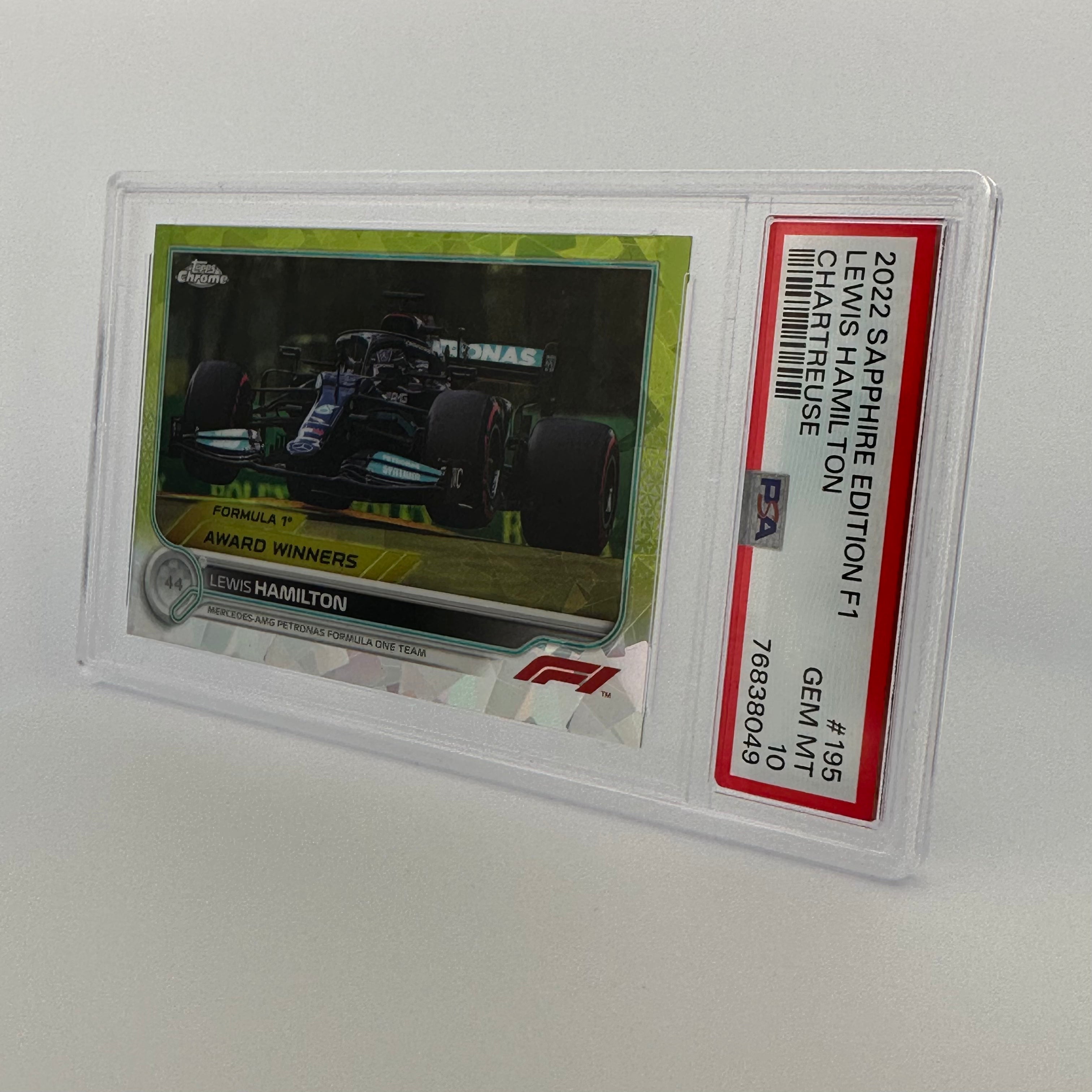 PSA 10 Lewis Hamilton #195 Sapphire Edition Chartreuse 004/199 - Rare F1 Racing Collectible Card for Display & Investment