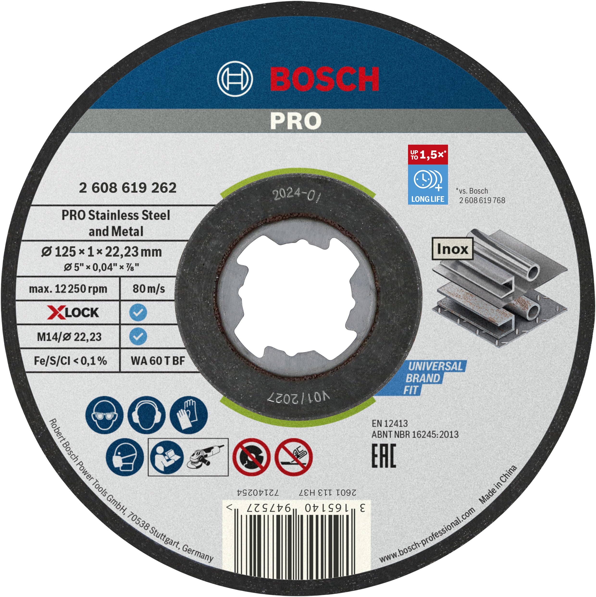 Bosch Professional X-LOCK Stainless Steel Cutting Disc - 125mm Diameter, 1mm Thickness, 22.23mm Arbor - Angle Grinder Accessory for Metalworking & DIY Projects