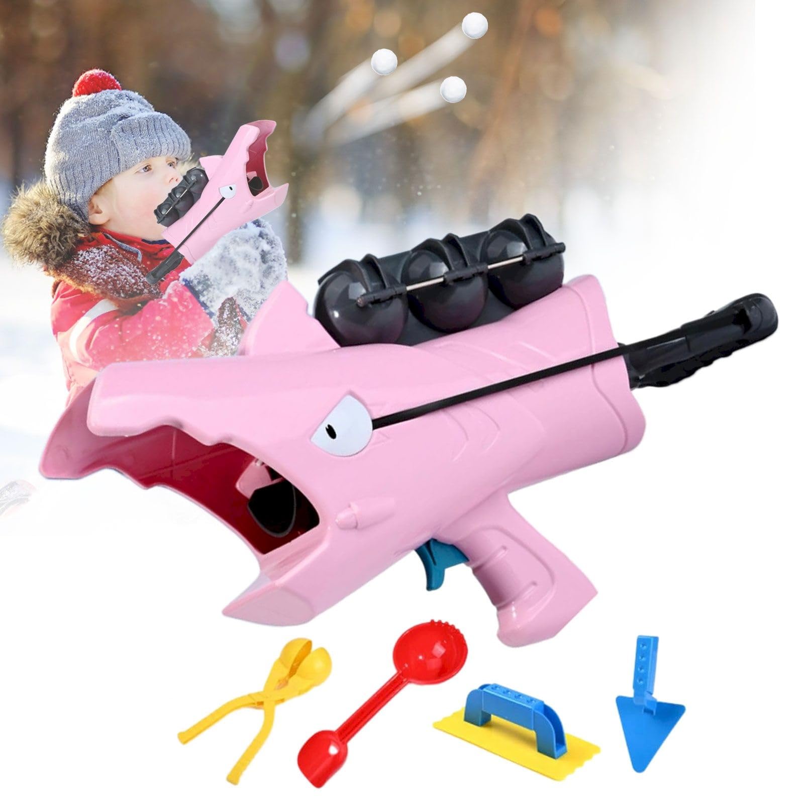 Shark Shape Snowball Maker Set - 6 Pack Snowball Gun & Clip Toys for Kids Winter Outdoor Snowball Fight (Pink, with Accessories) | Fun Snow Play for Backyard Games & Family Winter Activities