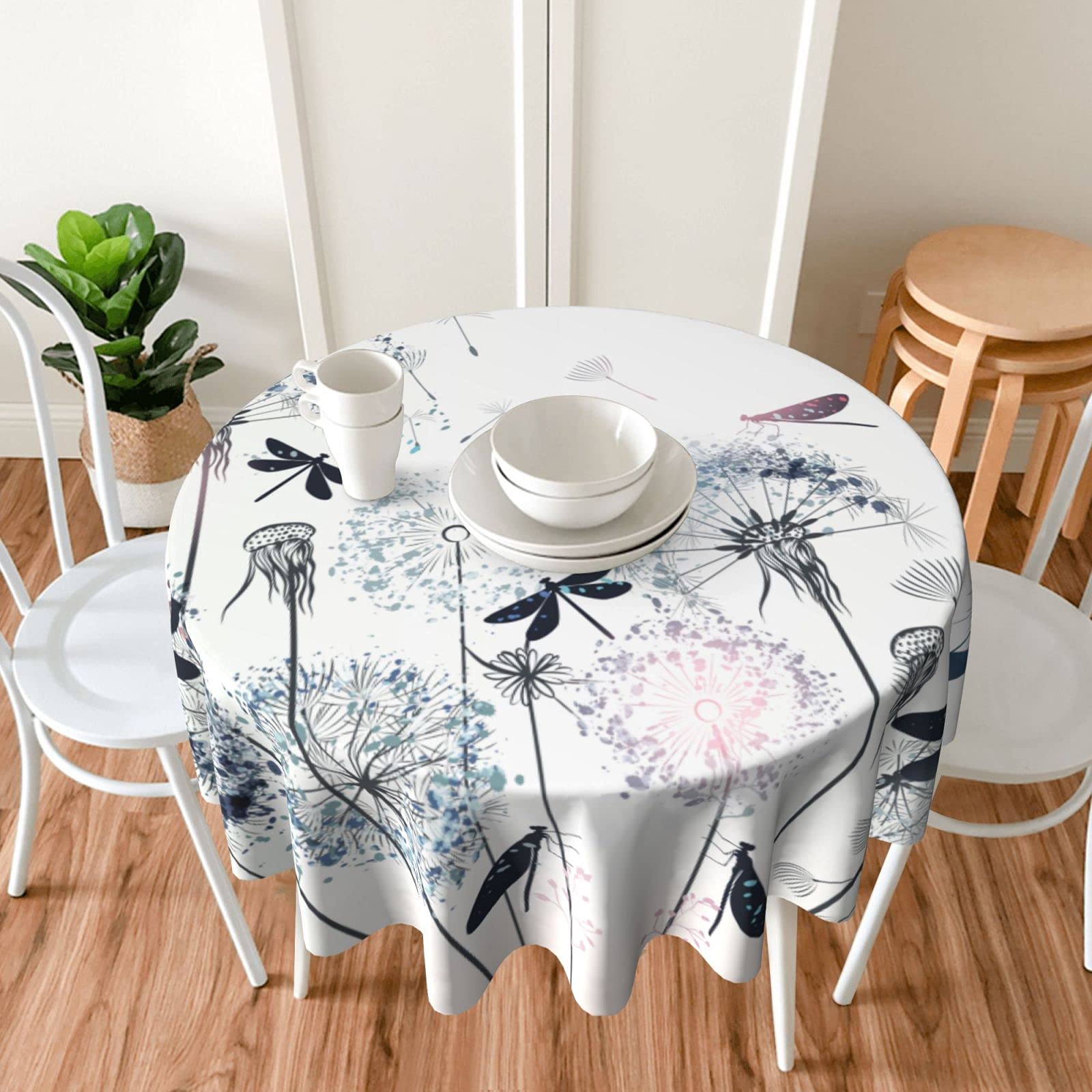 FREEHOTU Elegant Floral Dragonfly Round Tablecloth - Thickened Washable Table Cover for Kitchen, Dining, Party Decor (60 Inch) - Perfect for Daily Use, Holiday Gatherings & Outdoor Picnics