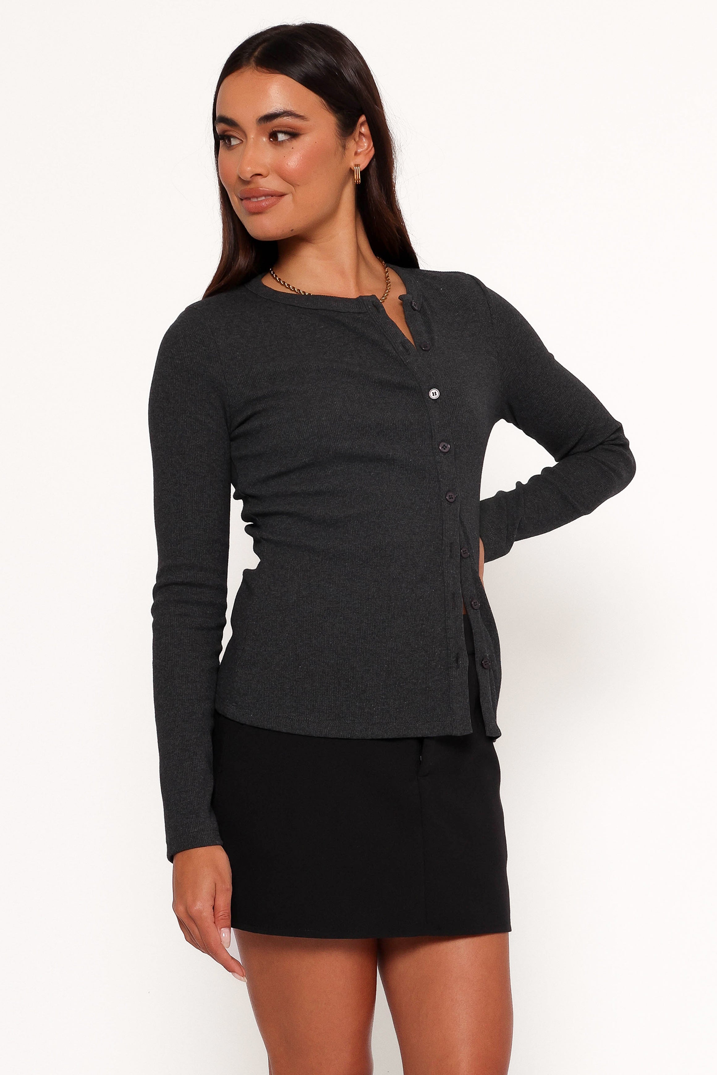 Jessa Knit Top Women's Casual Long Sleeve T-Shirt Charcoal Gray - Perfect for Work, Date Night & Everyday Wear