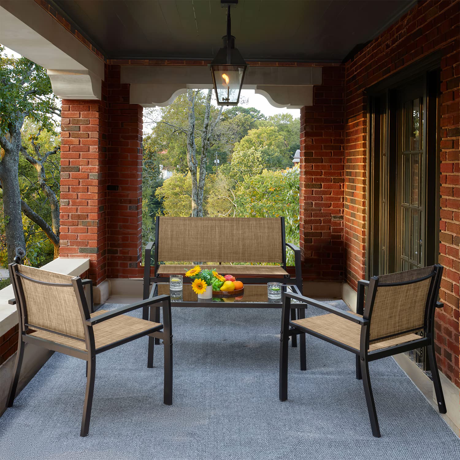 Devoko 4-Piece Outdoor Patio Furniture Set - Yellow Garden Conversation Set with Glass Coffee Table for Poolside, Lawn, Porch & Backyard Relaxation
