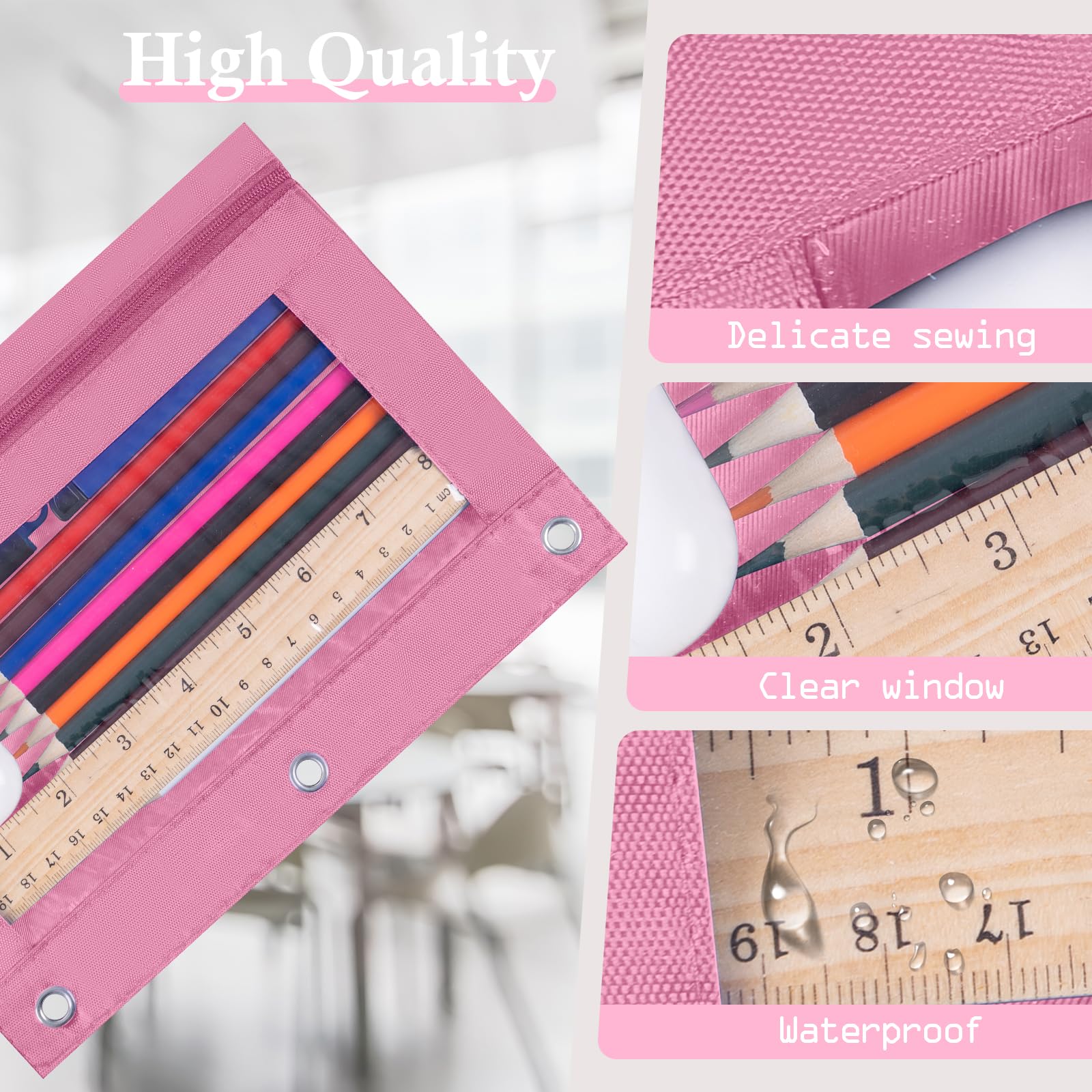 YoeeJob 36 Pack Pink Zipper Pencil Pouch with Clear Window - 3 Ring Binder Organizer for School, Office & College Supplies - Perfect for Notebooks, Folders & Backpack Organization