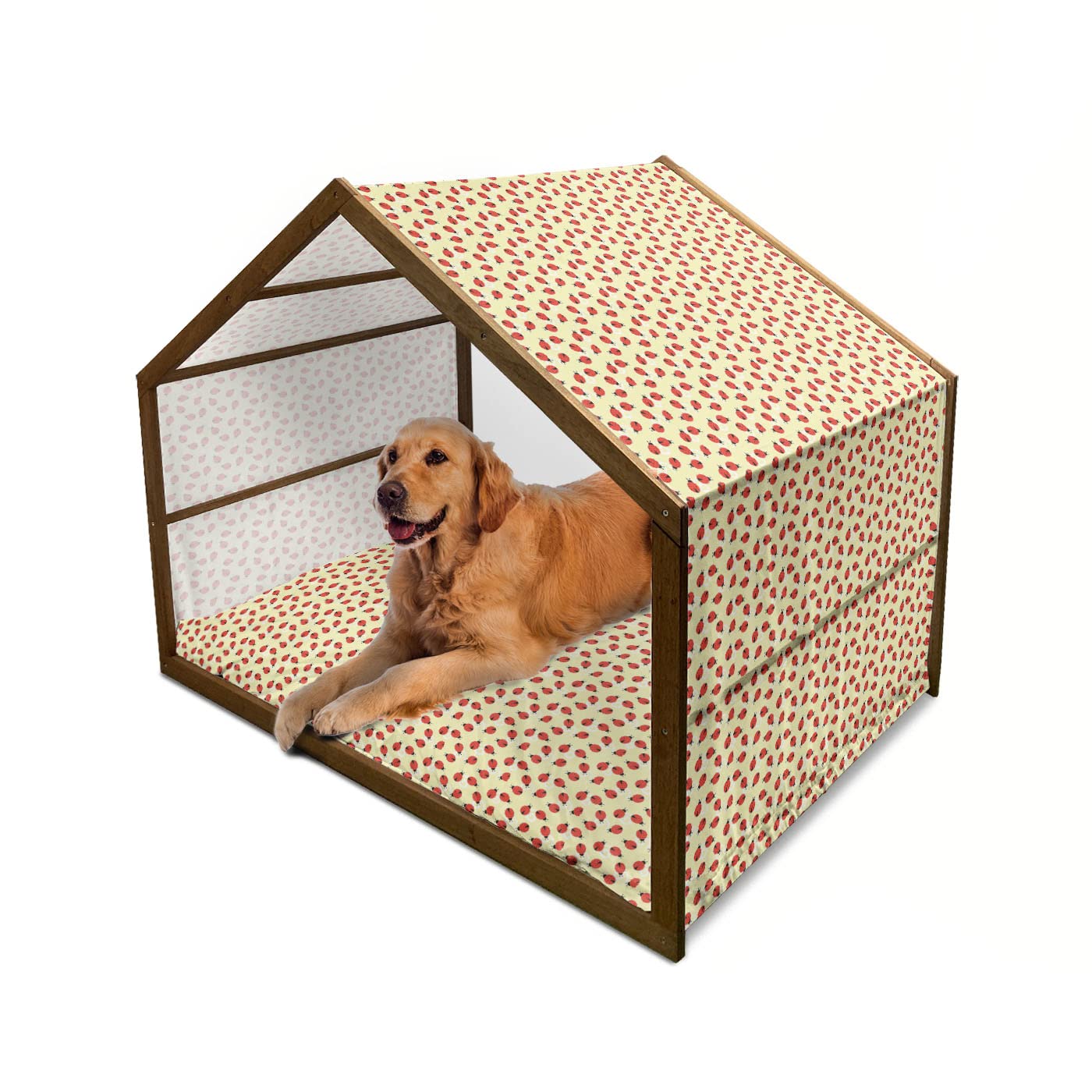Ambesonne Ladybug Wooden Dog House - Large Indoor & Outdoor Portable Pet Kennel with Pillow & Cover, Swirl Pattern Design in Pale Yellow Vermilion - Perfect for Backyard, Patio, or Home Decor (2X-Large)