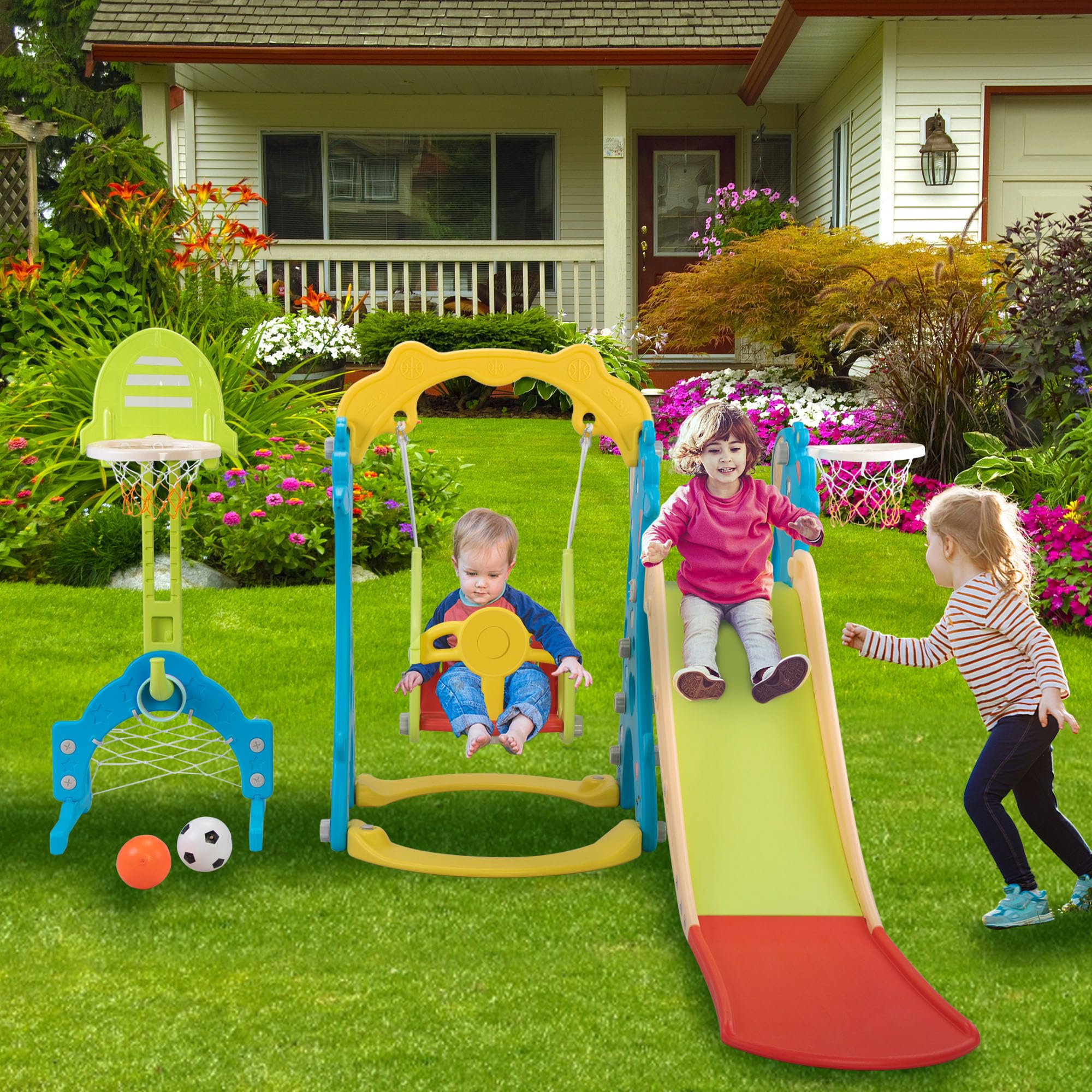 6-in-1 Toddler Slide and Swing Set - Indoor/Outdoor Freestanding Playground with Basketball Hoop for Kids Ages 3-12 | Backyard Slide & Climber for Toddlers & Children | Perfect for Home Playgrounds, Daycares, and Outdoor Family Fun