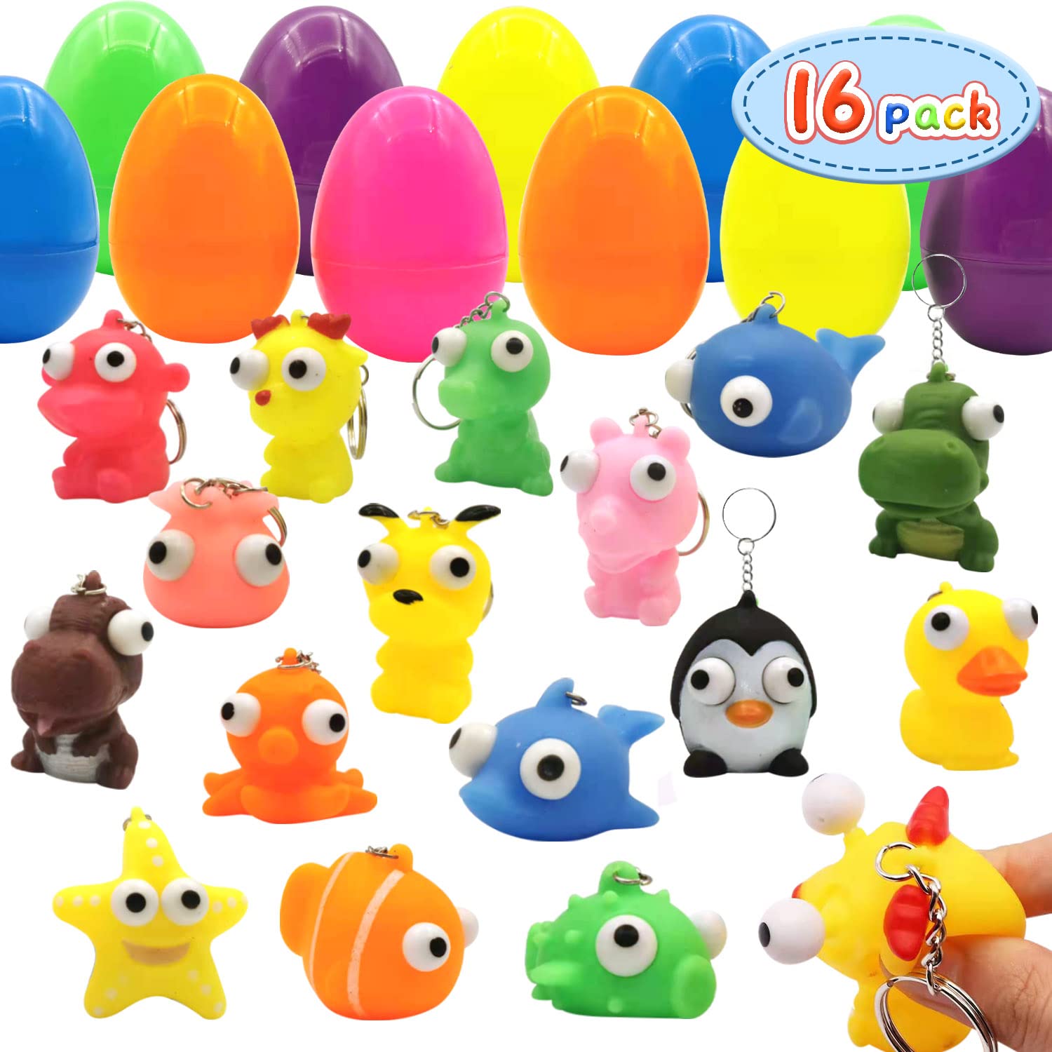 16Pcs Easter Eggs with Cute Animal Keychains - Squishy Toys for Kids, Easter Basket Stuffers Fillers, Plastic Easter Egg Fillers, Easter Party Favors & Egg Hunt Prizes - Perfect for Easter Celebrations, Classroom Rewards & Birthday Party Gifts