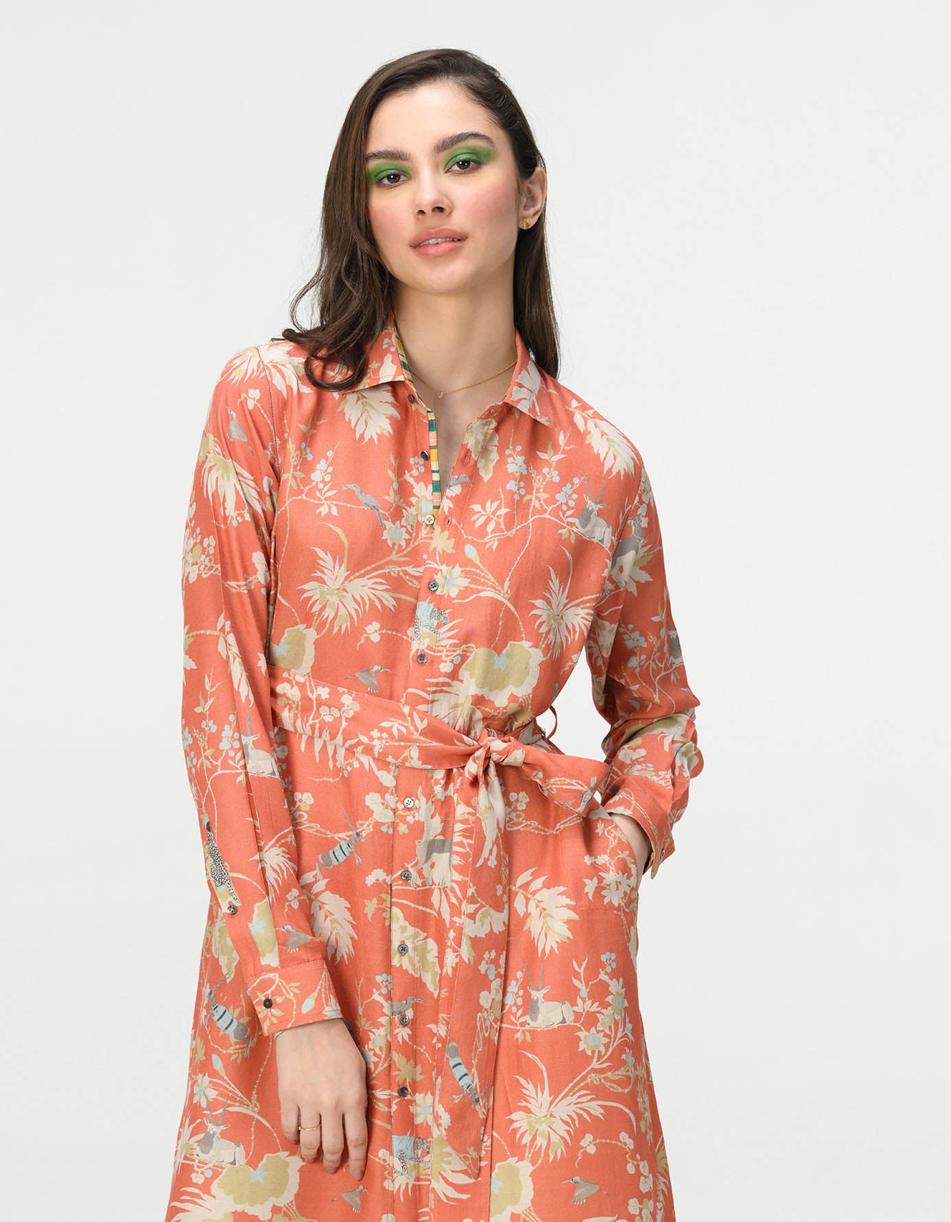 Elegant Tie Belt Shirt Dress - Muga Satin Coral Wrap Dress for Women | Perfect for Office, Date Night & Summer Outfits
