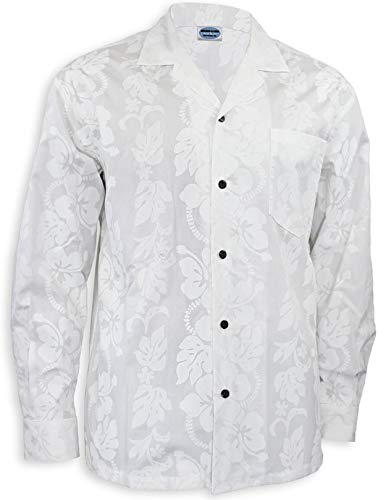Elegant White Long Sleeve Hawaiian Wedding Shirt with Hibiscus Print - Perfect for Beach Weddings, Tropical Parties & Summer Vacations