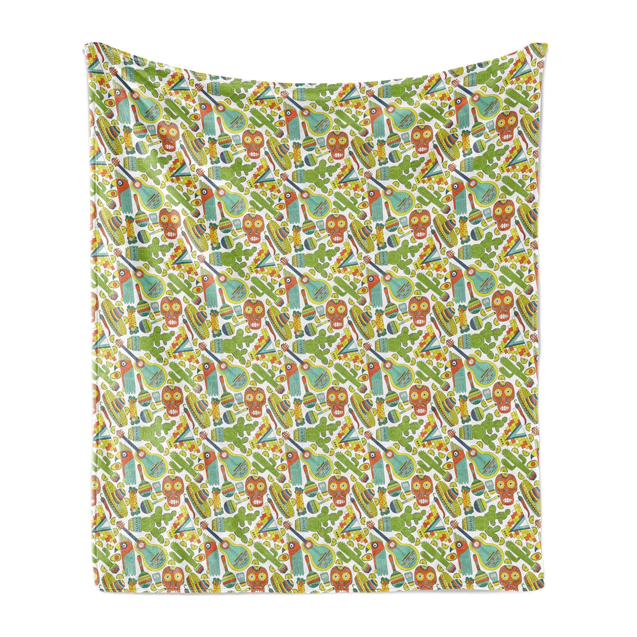 Ambesonne Mexican Themed Throw Blanket - Traditional Cartoon Maracas, Taco & Sombrero Design - Soft Flannel Fleece Couch Cover for Adults - 50