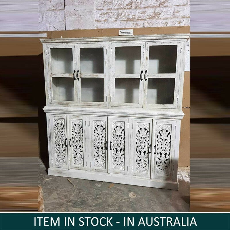 Hand Carved Indian Solid Wood Buffet Cabinet Sideboard Hutch - White | Rustic Dining Room Storage Furniture for Home Decor & Entertaining