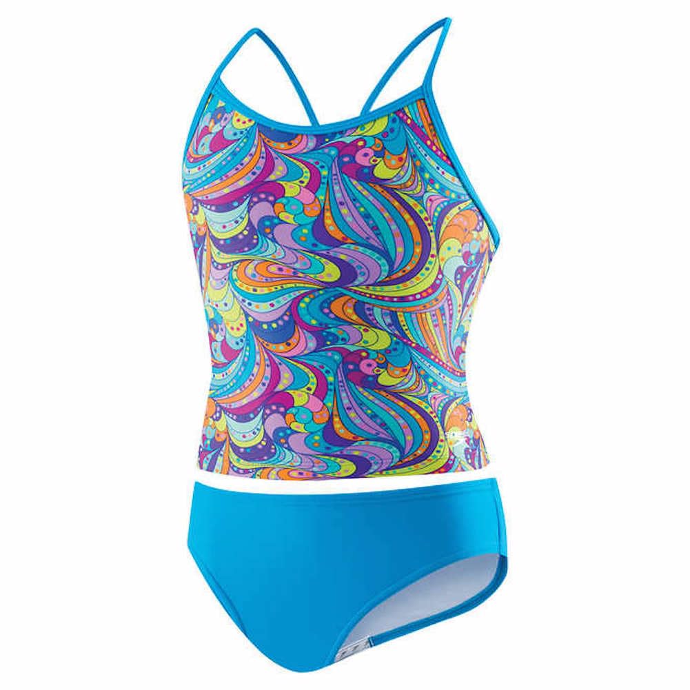 Speedo Girls Thin Strap Racerback Candy Clouds Tankini Swimsuit - Blue Size 5 - Perfect for Swimming Lessons, Beach Vacations & Summer Pool Parties