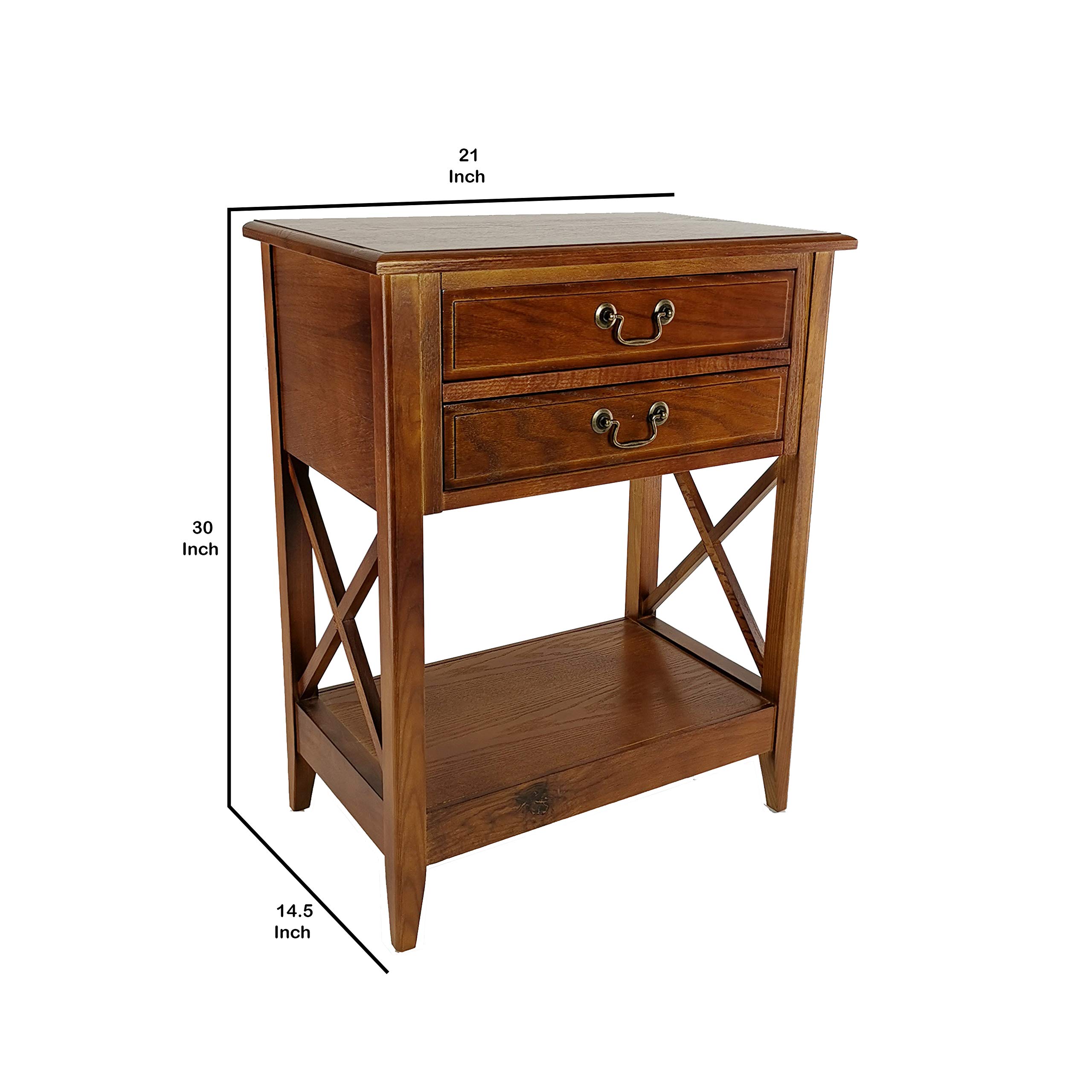 Benjara Brown Wooden Nightstand with 2 Drawers and Criss Cross Sides - Bedside Table for Bedroom, Living Room, or Guest Room - Perfect for Storing Books, Lamps, and Bedroom Essentials