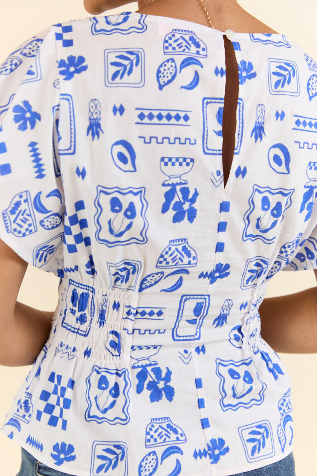 Missed You Blue Icon Printed Cinched Waist Woven Blouse for Women | Stylish Office & Casual Wear | Perfect for Work, Dates & Everyday Outfits