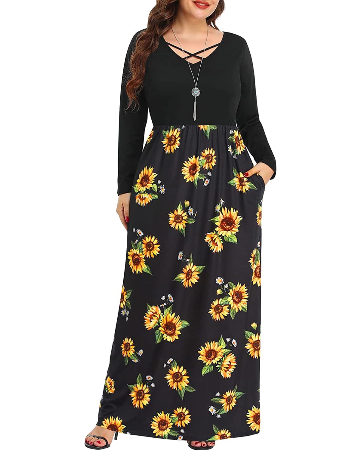 **Plus Size Long Sleeve Maxi Dresses for Women - Soft Casual Pinup Fashion with Pockets | Perfect for Date Nights, Vacations & Everyday Wear**