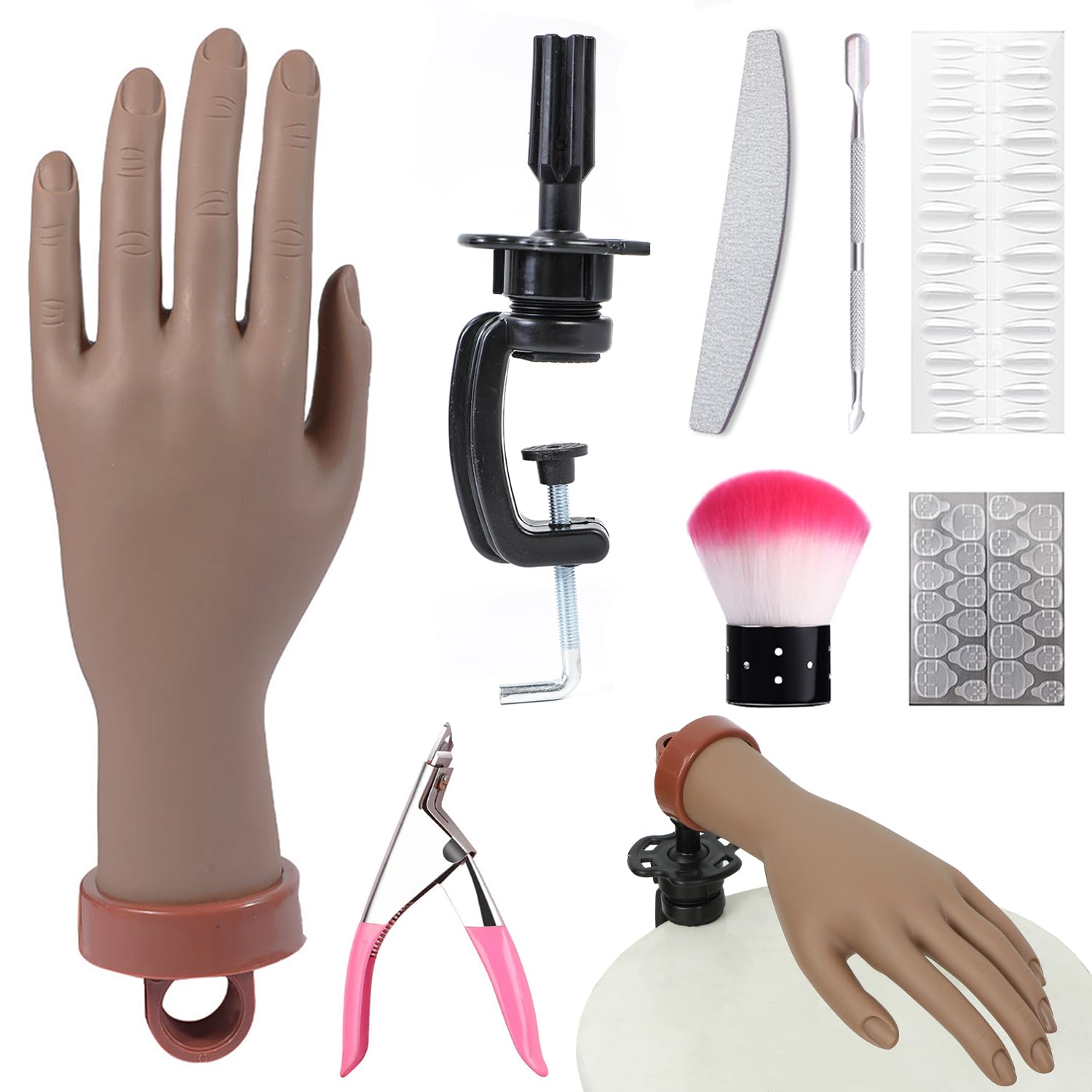 Professional Acrylic Nail Practice Hand Kit - Flexible Moveable Mannequin Hand for Nail Art Training, Beginners & Students - Dark Skin Tone (Perfect for Salon Practice, Nail Tech School & Home Learning)