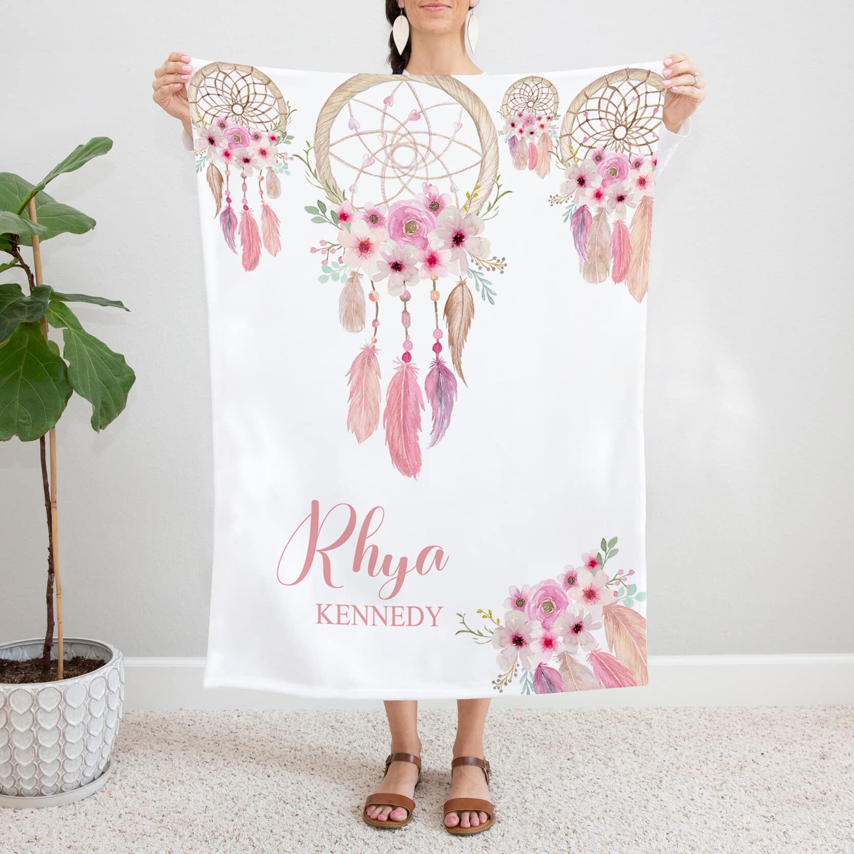 Personalized Baby Girl Blanket with Name - Boho Floral Dreamcatcher Design | Super Soft Plush Blanket for Newborns & Infants | Perfect for Nursery Decor, Baby Showers & Name Reveal Parties