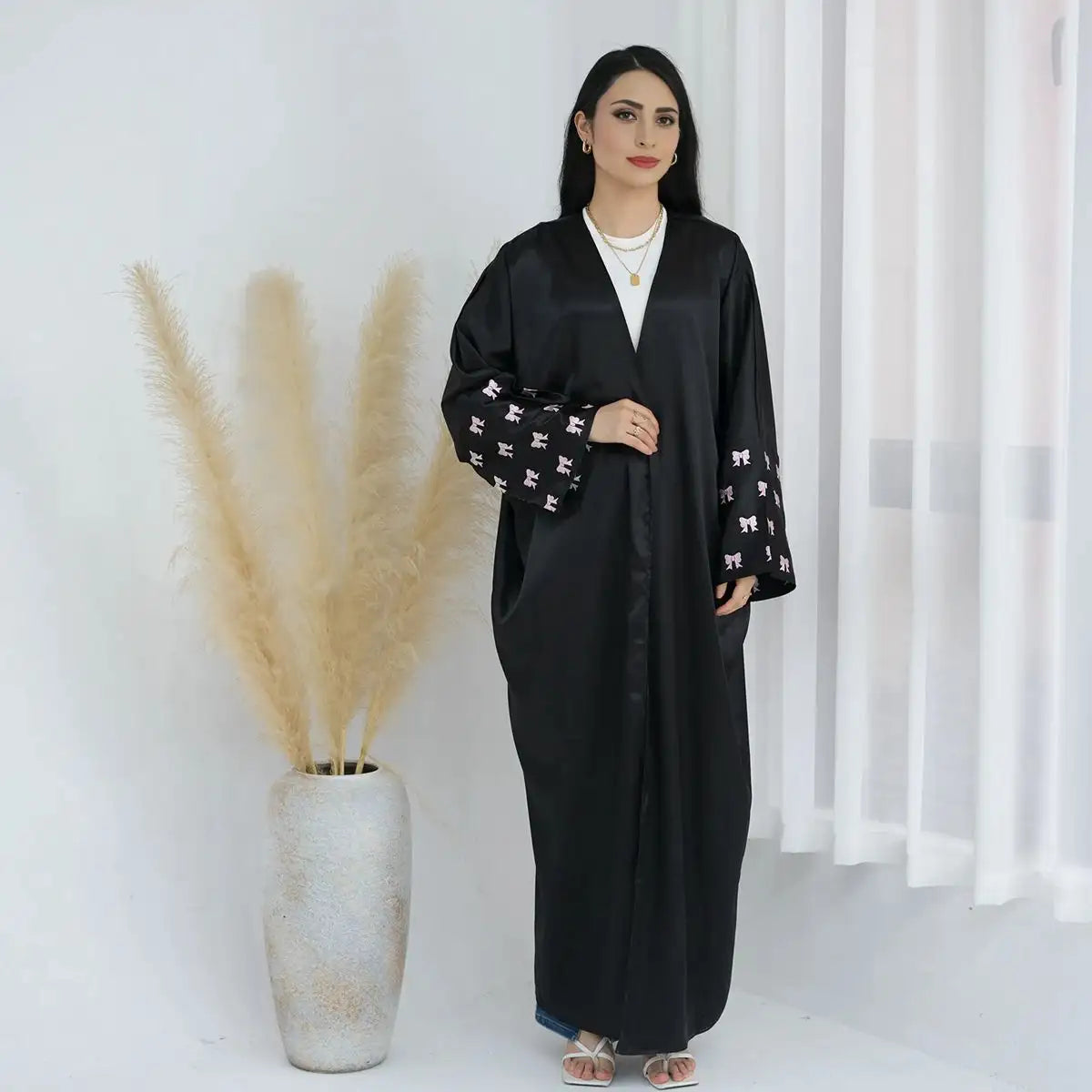 Elegant Bows Embroidery Sleeve Cardigan Open Abaya Dress - Modest Muslim Fashion for Women, Perfect for Prayer, Special Occasions & Everyday Wear