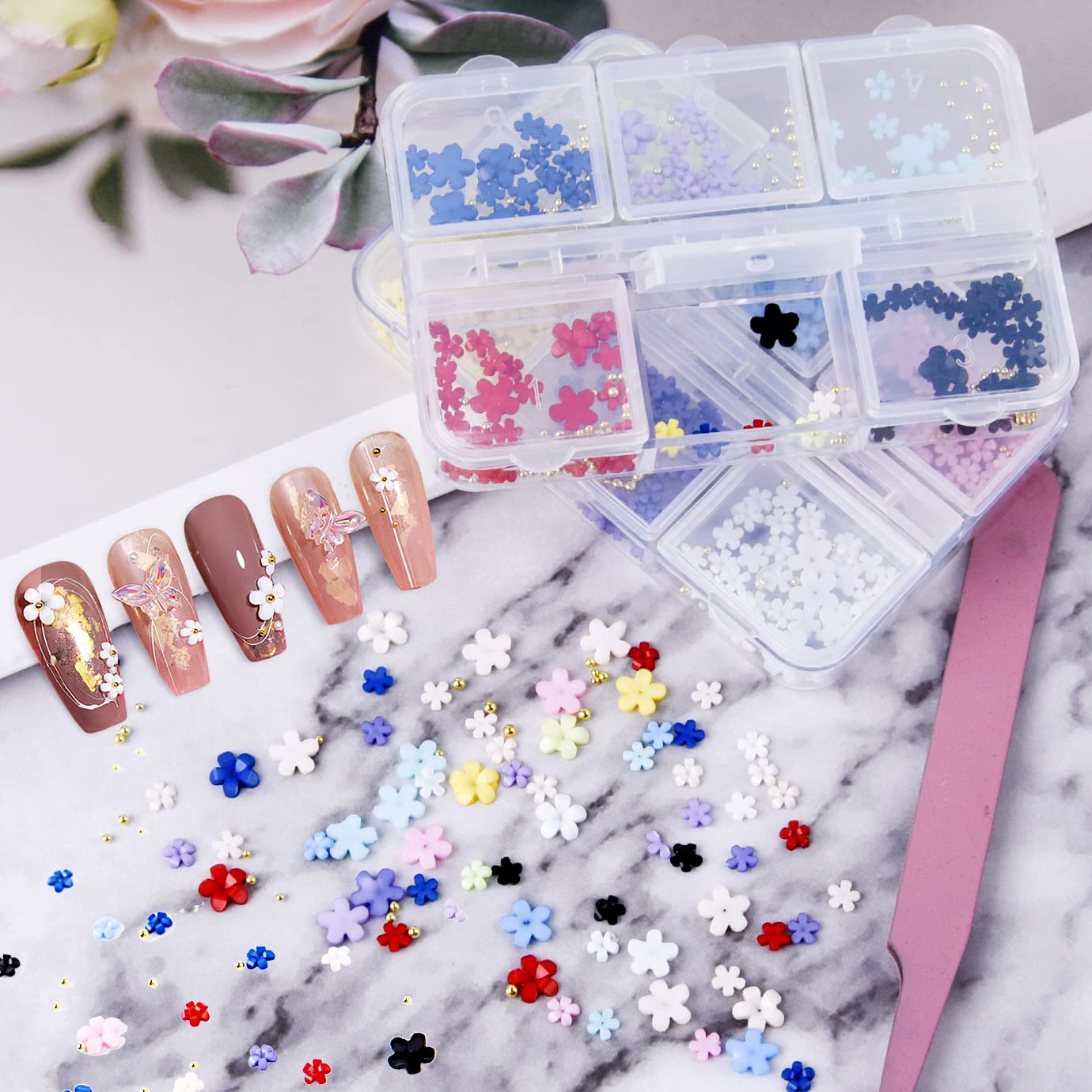 WXJ13 2 Boxes 3D Flower Nail Charms with Rhinestones & Metal Caviar Beads - Acrylic Nail Art Decorations for DIY Manicure, Wedding, Party & Salon Nail Designs