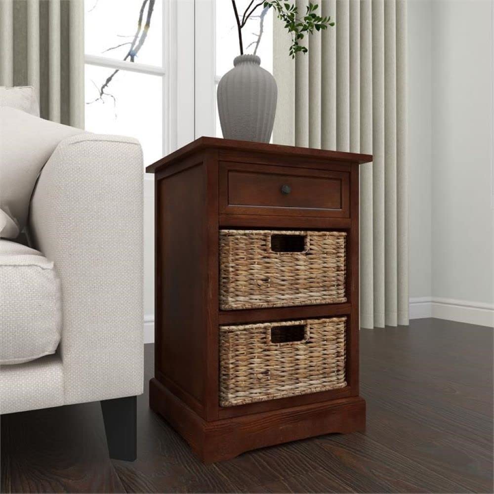 Urban Designs 7767169 Malibu 3-Drawer Nightstand with Wicker Baskets - Medium Coffee Finish - Bedside Table for Bedroom, Living Room, or Guest Room Storage