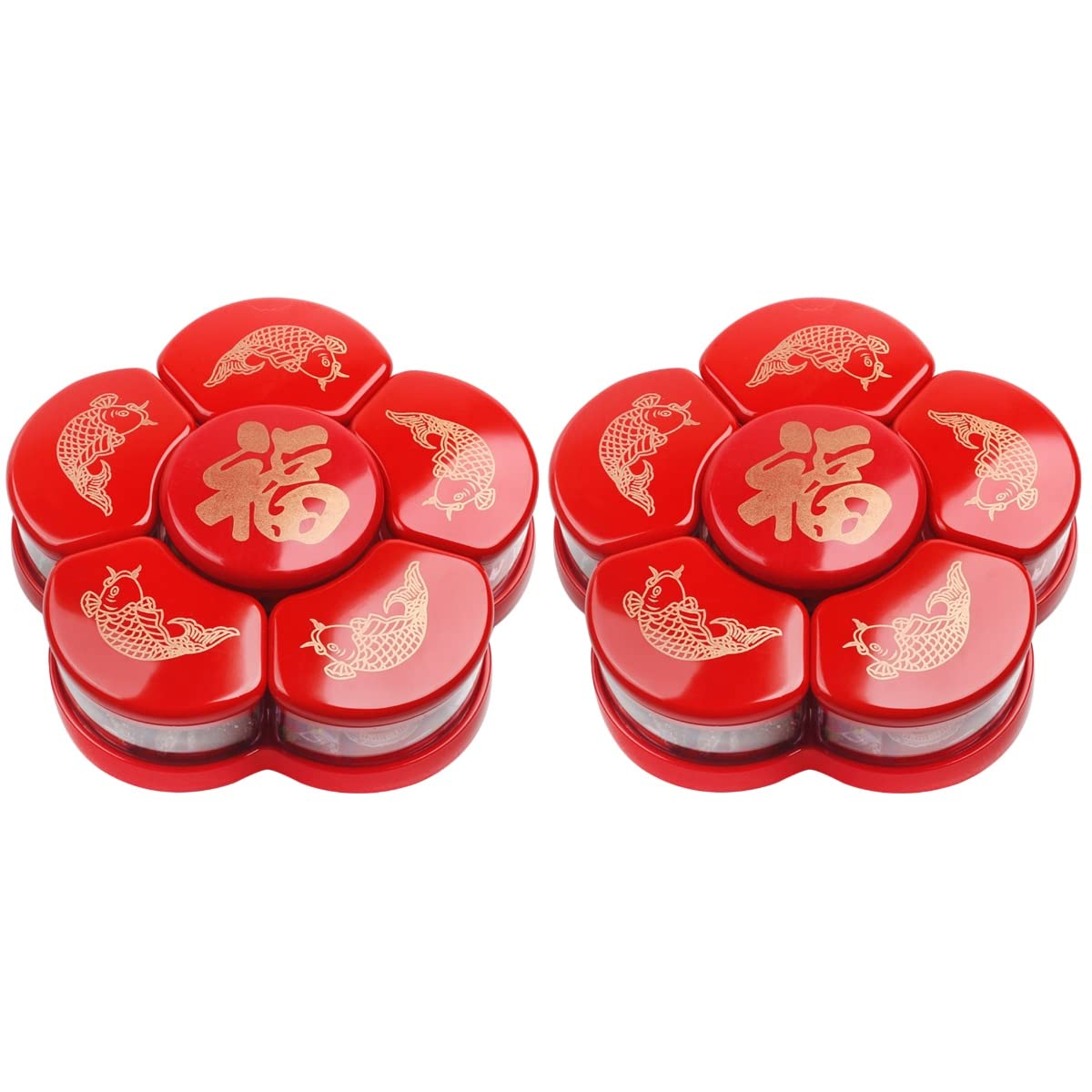 2PCS Rotating Snack Box with 6 Compartments - Flower Petal Shaped Candy Dish & Dried Fruit Plate for Snacks Storage - Perfect for Home, Wedding, Chinese New Year Party Supplies (Red) - Great for Entertaining Guests, Holiday Gatherings & Festive Celebrations
