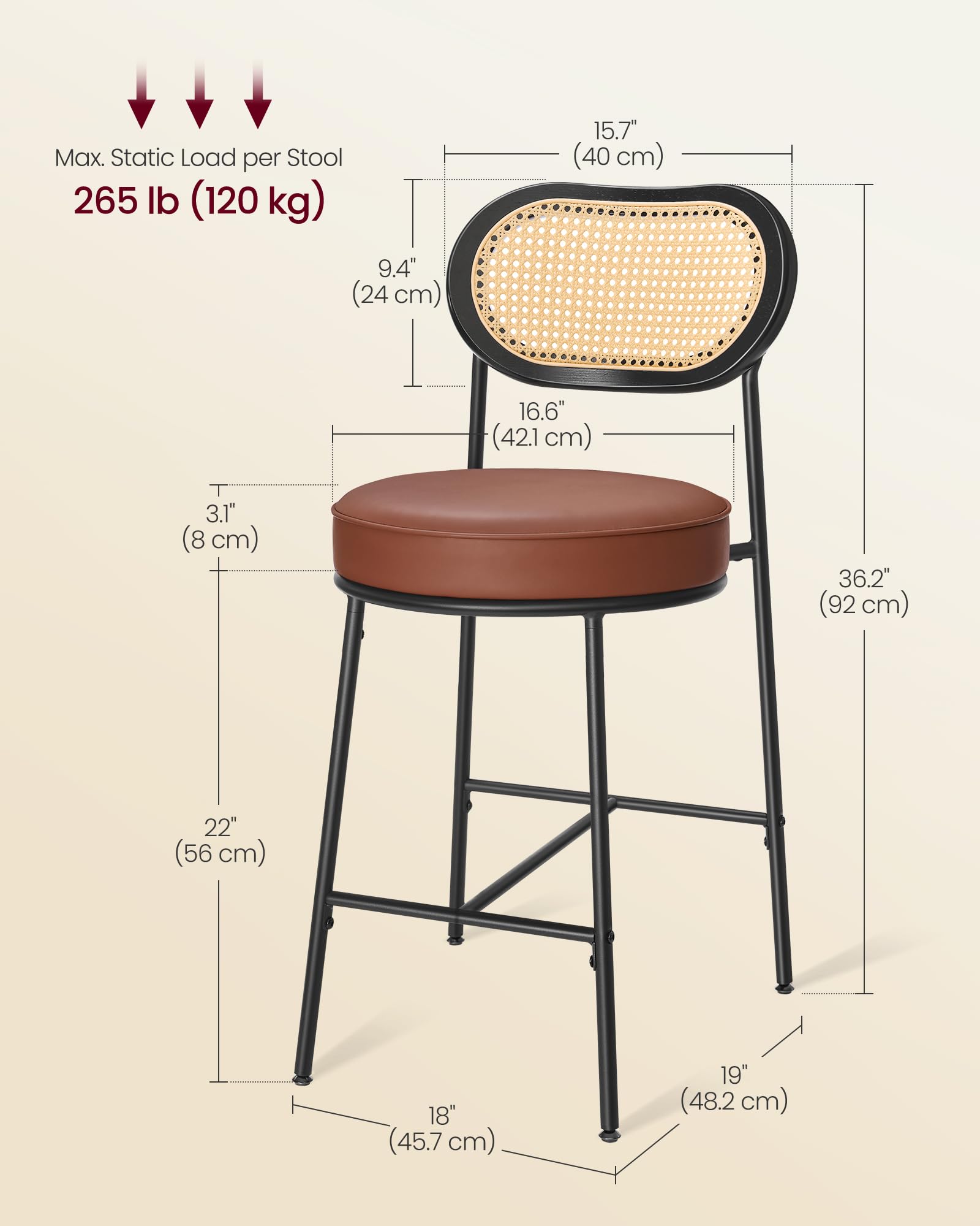 VASAGLE 2-Pack Counter Height Bar Stools with PE Rattan Back & Synthetic Leather Seat - 25.1