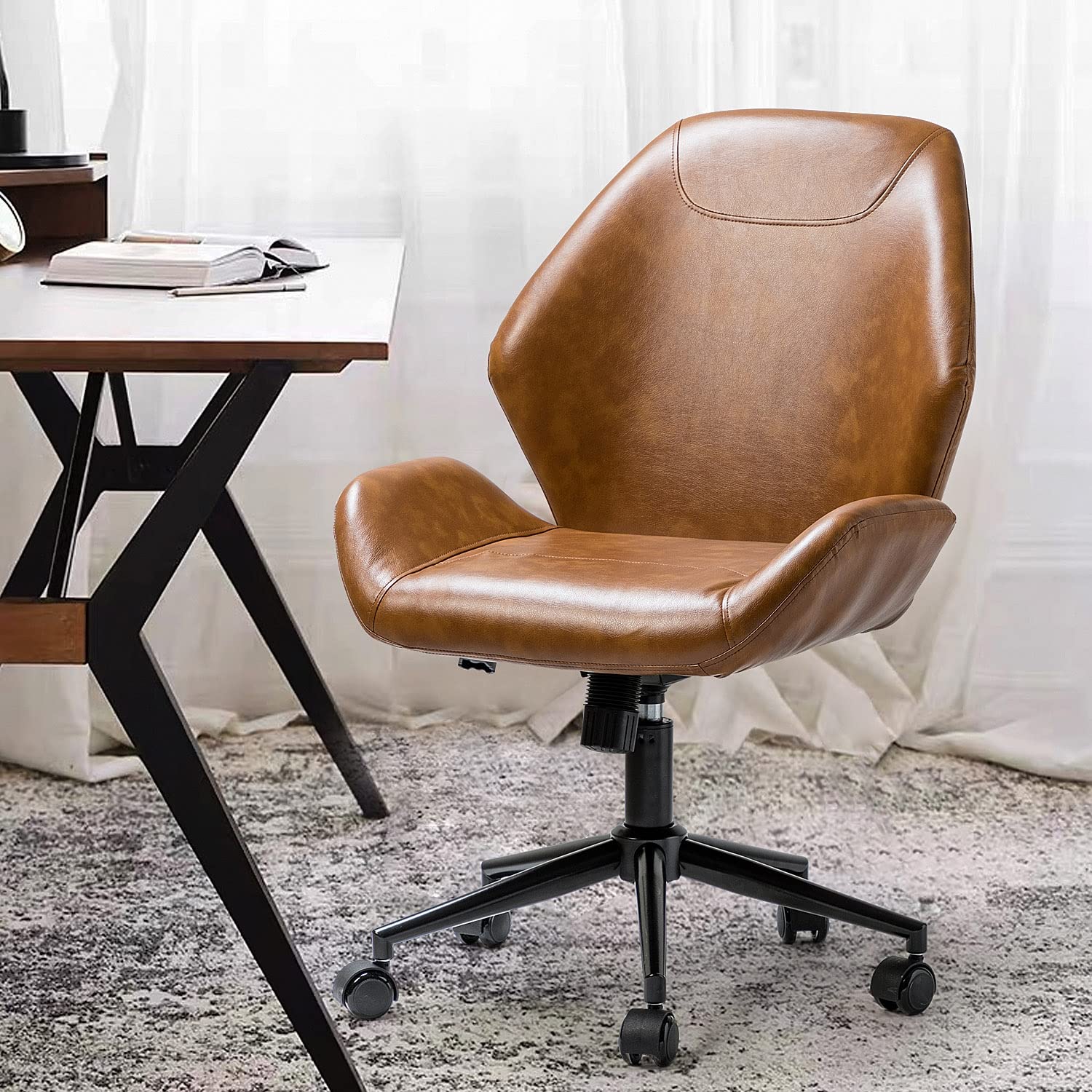 HULALAHOME PU Leather Office Chair Armless - Ergonomic Mid-Back Desk Chair with 5 Rolling Casters for Home Office, Study & Living Room - Camel Color Comfortable Seating Solution