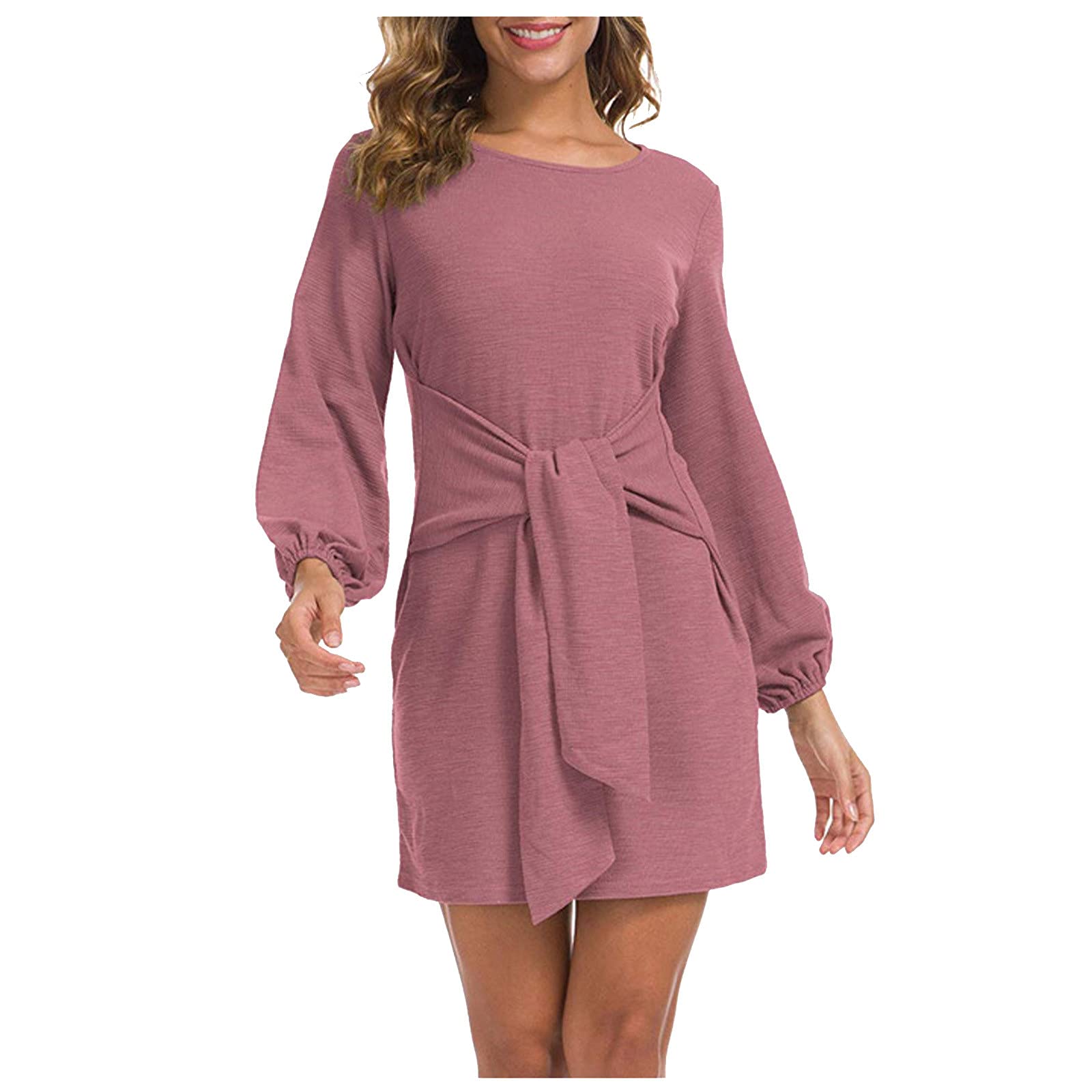 Elegant Women's Long Lantern Sleeve Knit Mini Dress with Tie Waist & Crewneck - Perfect for Date Nights, Parties & Casual Outings