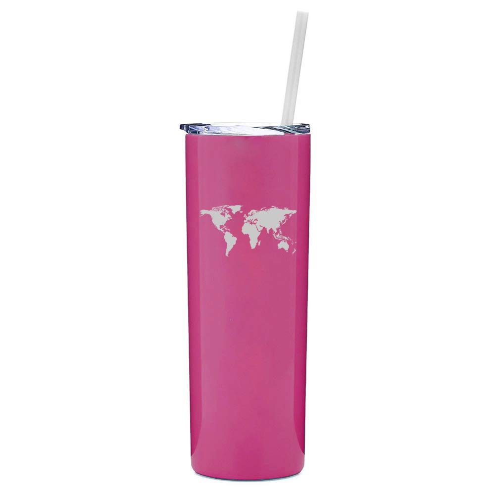 20 oz Skinny Tall Stainless Steel Vacuum Insulated Tumbler with Straw - World Map Design Travel Mug (Hot Pink) | Keeps Drinks Hot/Cold for Hours | Perfect for Coffee, Tea, and Cold Beverages on the Go, at Work, or Outdoor Adventures