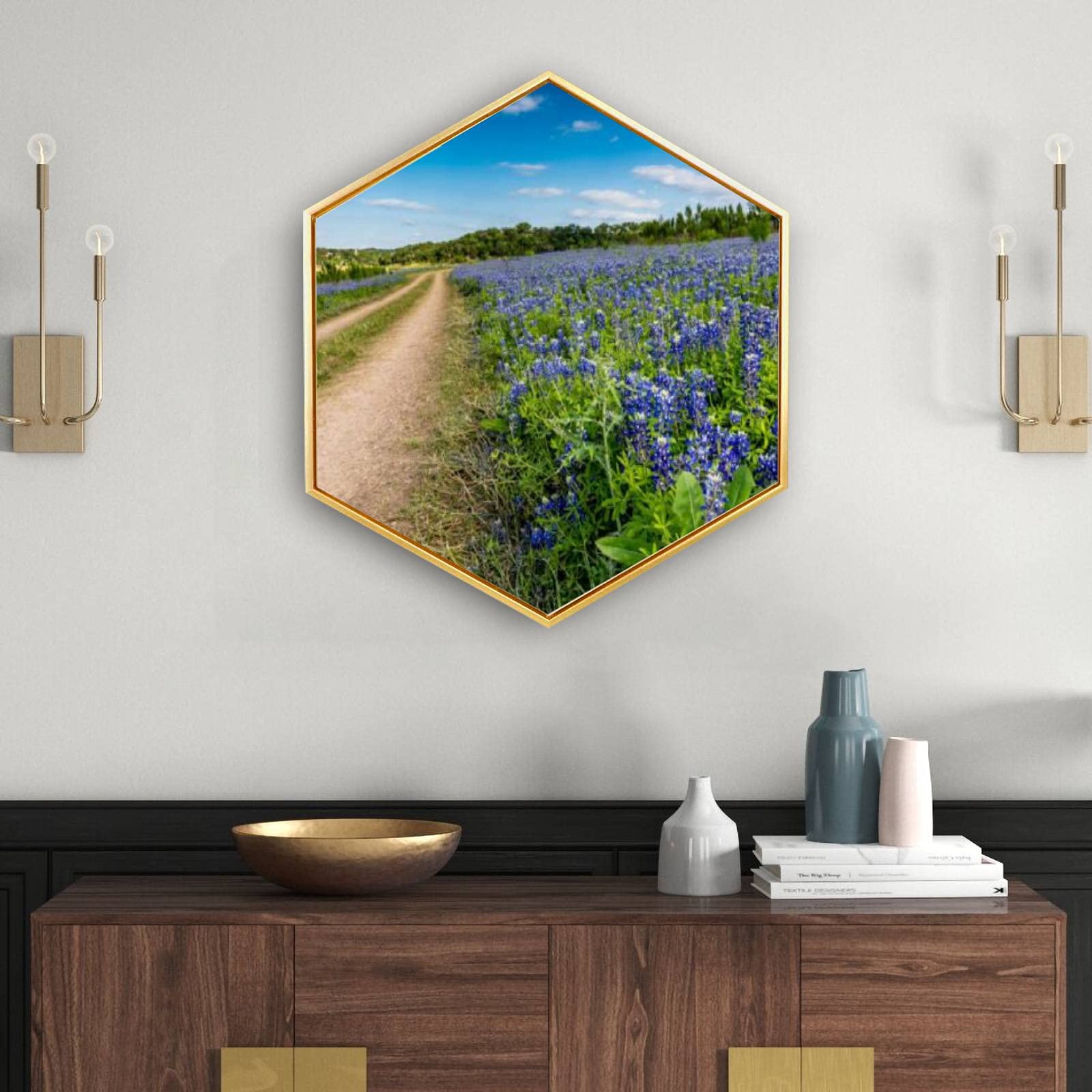 Vintage Texas Bluebonnet Wildflowers Canvas Wall Art - Old Dirt Road Landscape Painting with Golden Frame, Giclee Print, Minimalist Modern Home Decor | Perfect for Living Room, Bedroom & Office | Ready to Hang Hexagon Wall Art