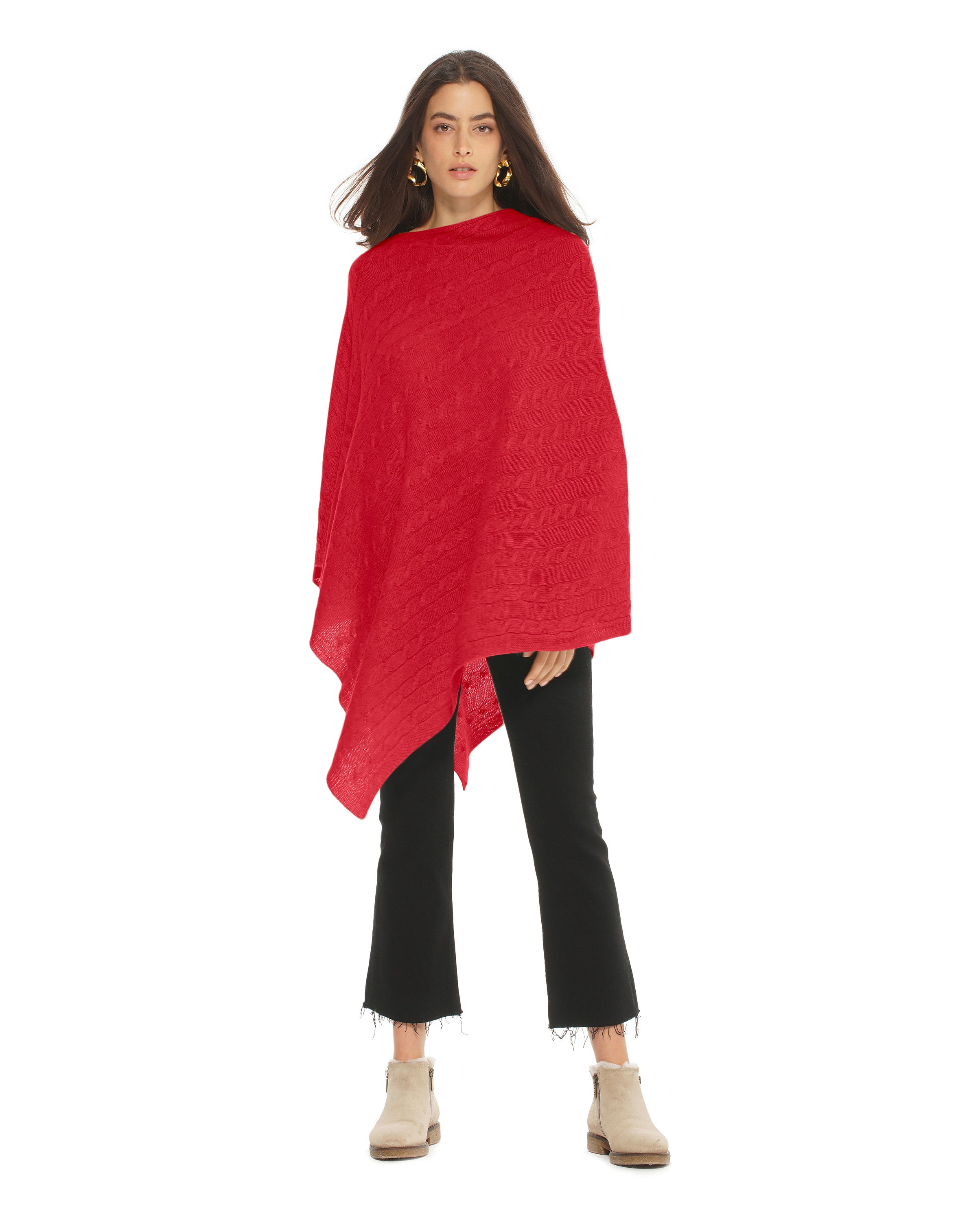 Luxury Women's Pure Cashmere Cable Knit Poncho Shawl - Soft Warm Winter Wrap - Elegant Red Cashmere Sweater for Fall & Winter Fashion, Office, Travel & Holiday Gifts