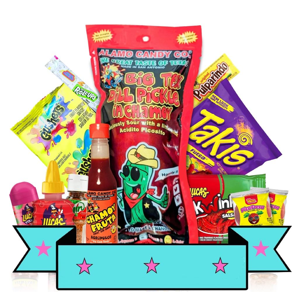 Chamoy Pickle Kit with Takis Fuego, Fruit Roll-Ups & Gushers - Mexican Candy Snack Box with Tajin Seasoning, Pulparindo & Skwinkles - TikTok Viral Trend Items for Parties, Gifts & Movie Nights