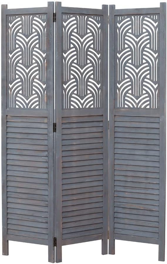 Legacy Decor 3-Panel Wooden Room Divider with Rustic Decorative Cutouts in Gray - Perfect for Home Office, Living Room & Bedroom Privacy