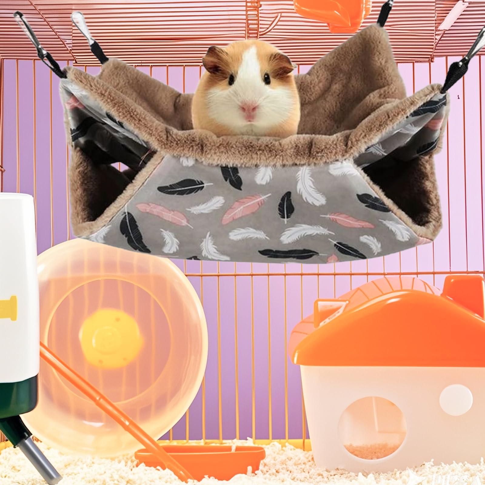 LYART 2-Pack Small Animal Hammock & Warm Bed Set for Guinea Pigs, Ferrets, Rats - Flamingo & Feather Design - Cage Accessories & Toys for Sugar Gliders, Hamsters, Squirrels - Perfect for Cozy Napping & Playtime in Pet Cages
