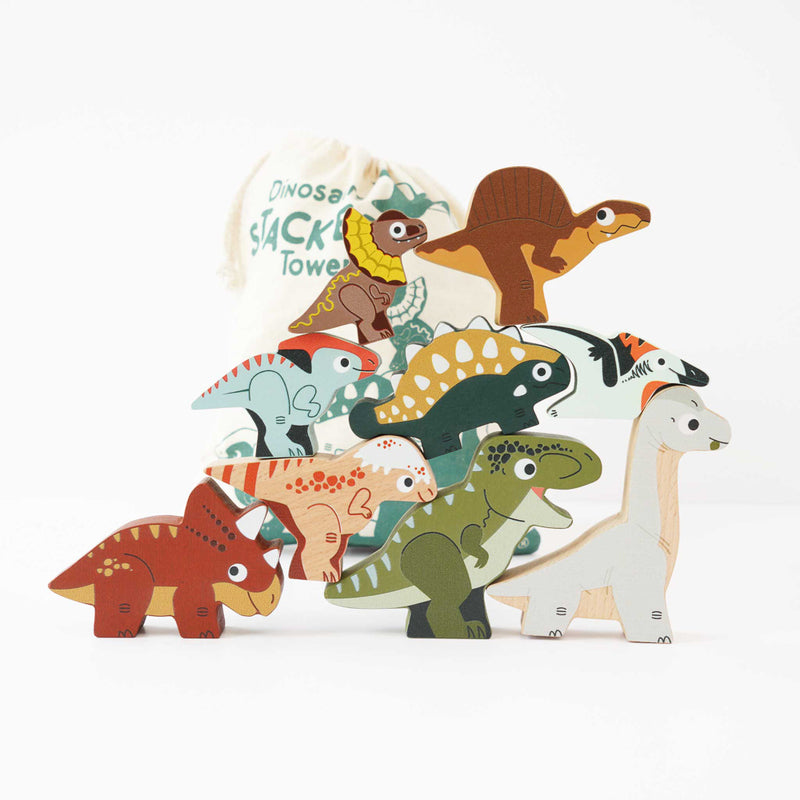 Petilou Wooden Jurassic Dinosaur Stacking Toys with Storage Bag - Educational Montessori Toys for Toddlers & Kids - Perfect for Birthday Gifts, Preschool Learning, and Imaginative Play