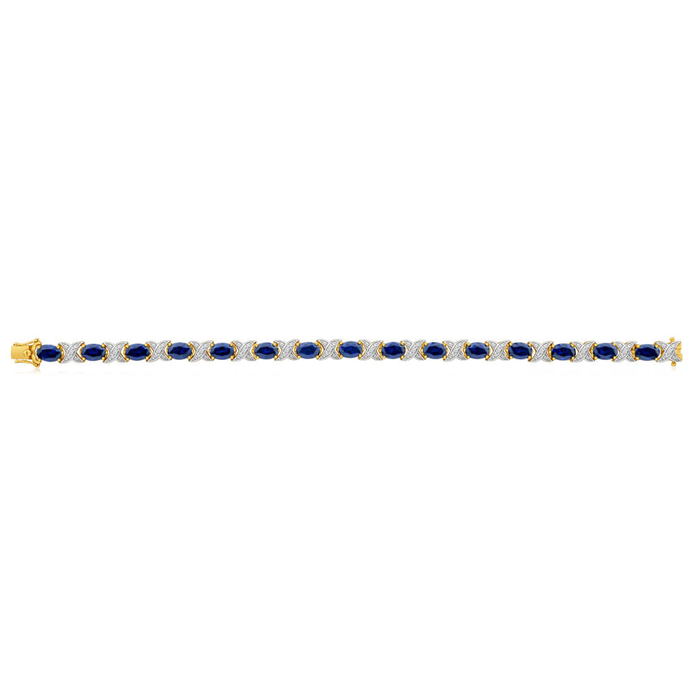 9ct Yellow Gold 7x5mm Oval Cut Lab-Created Sapphire & Diamond 19cm Crossover Bracelet for Women - Elegant Gift for Anniversary, Birthday & Special Occasions