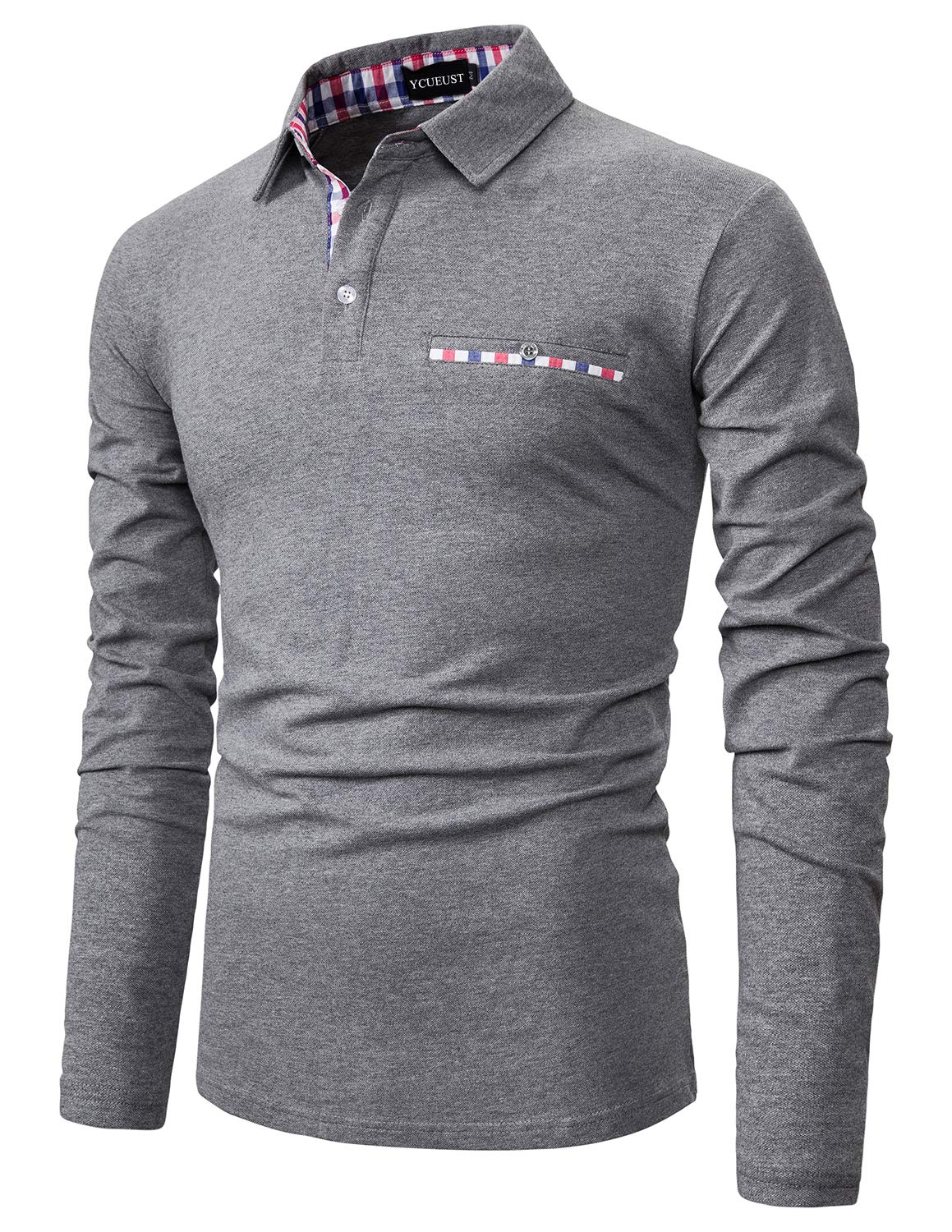 YCUEUST Men's Long Sleeve Polo Shirt - Plaid Collar Cotton Casual T-Shirt for Business, Work & Outdoor Activities | Comfortable & Stylish Office Wear