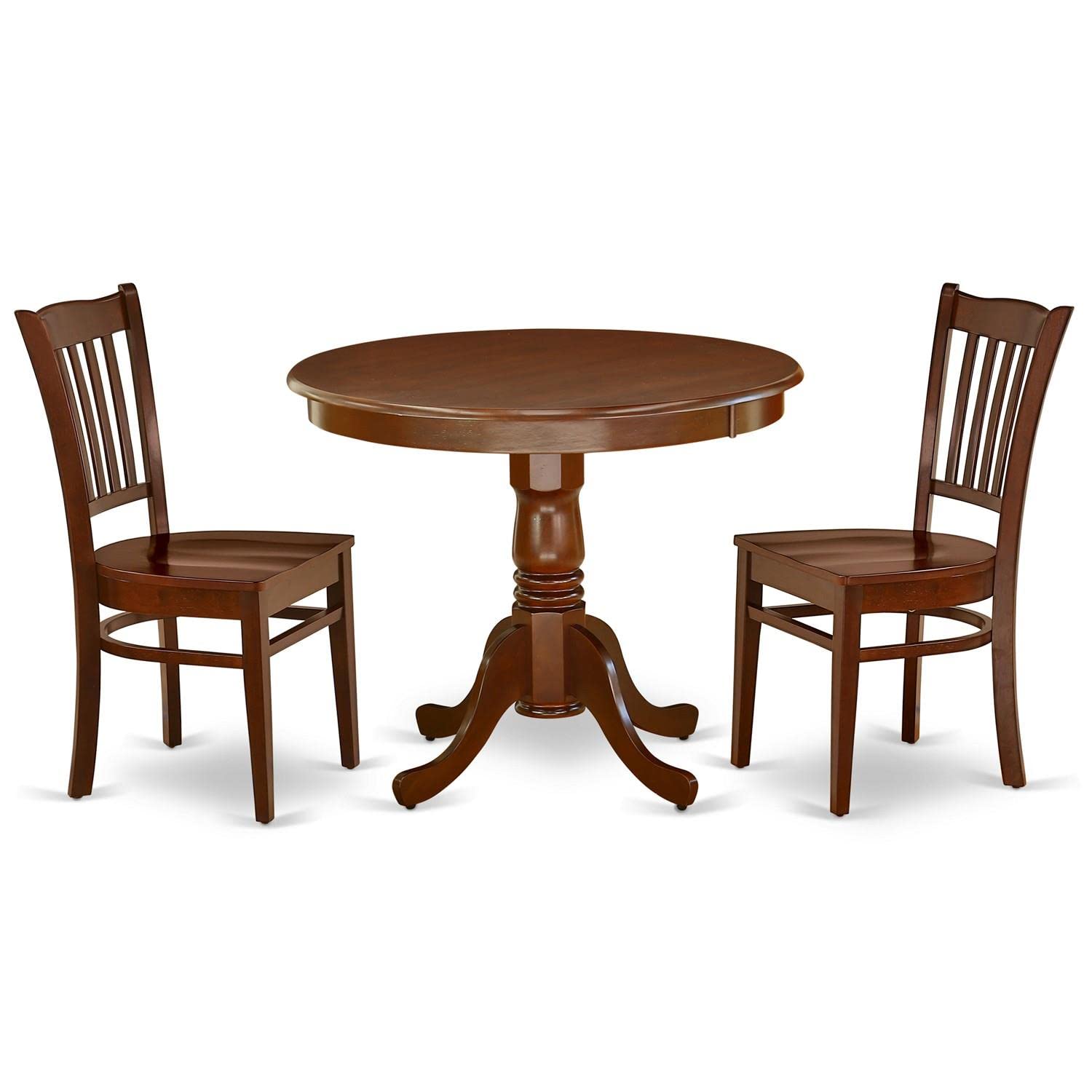 East West Furniture ANGR3-MAH-W 3-Piece Round Dinette Set with Pedestal Table & 2 Chairs for Small Spaces - 36x36 Inch Mahogany - Perfect for Kitchen, Dining Room, or Breakfast Nook