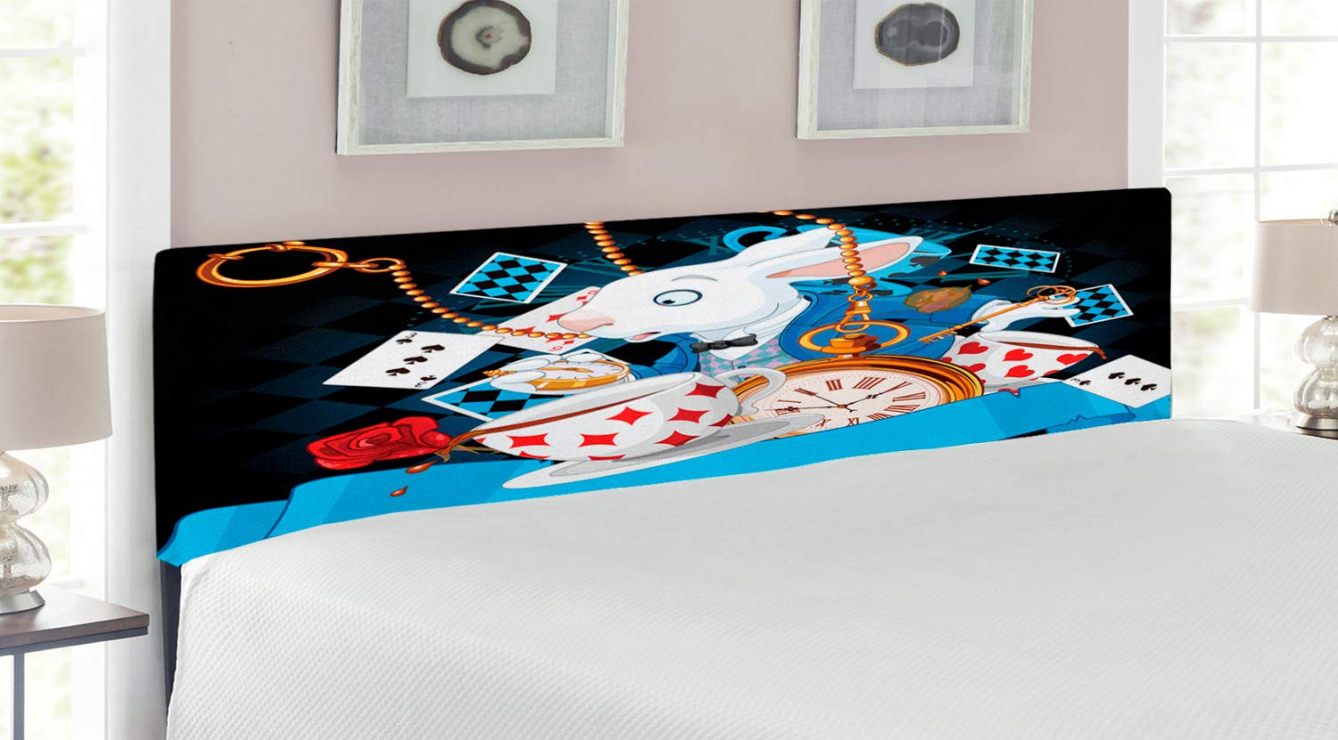 Ambesonne Alice in Wonderland Upholstered Headboard - King Size Metal Bed Frame with Memory Foam, Rabbit & Tea Cup Design, Multicolor Cartoon Character Headboard for Kids & Adults Bedroom Decor | Perfect for Themed Rooms, Fantasy Decor, and Whimsical Bedroom Designs