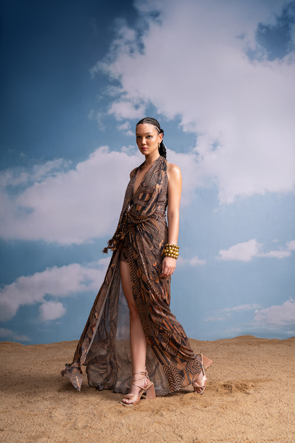Elegant Brown Geometric Print Cowl Neck Dress with Detachable Tasseled Scarf - Women's Fashion for Office, Party & Special Occasions