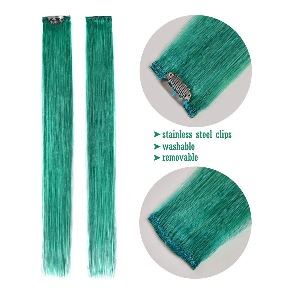 Majik Straight Hair Streak Extension for Women & Girls - 2-Piece Set (Green) | Clip-In Hair Highlights for Parties, Cosplay & Daily Styling