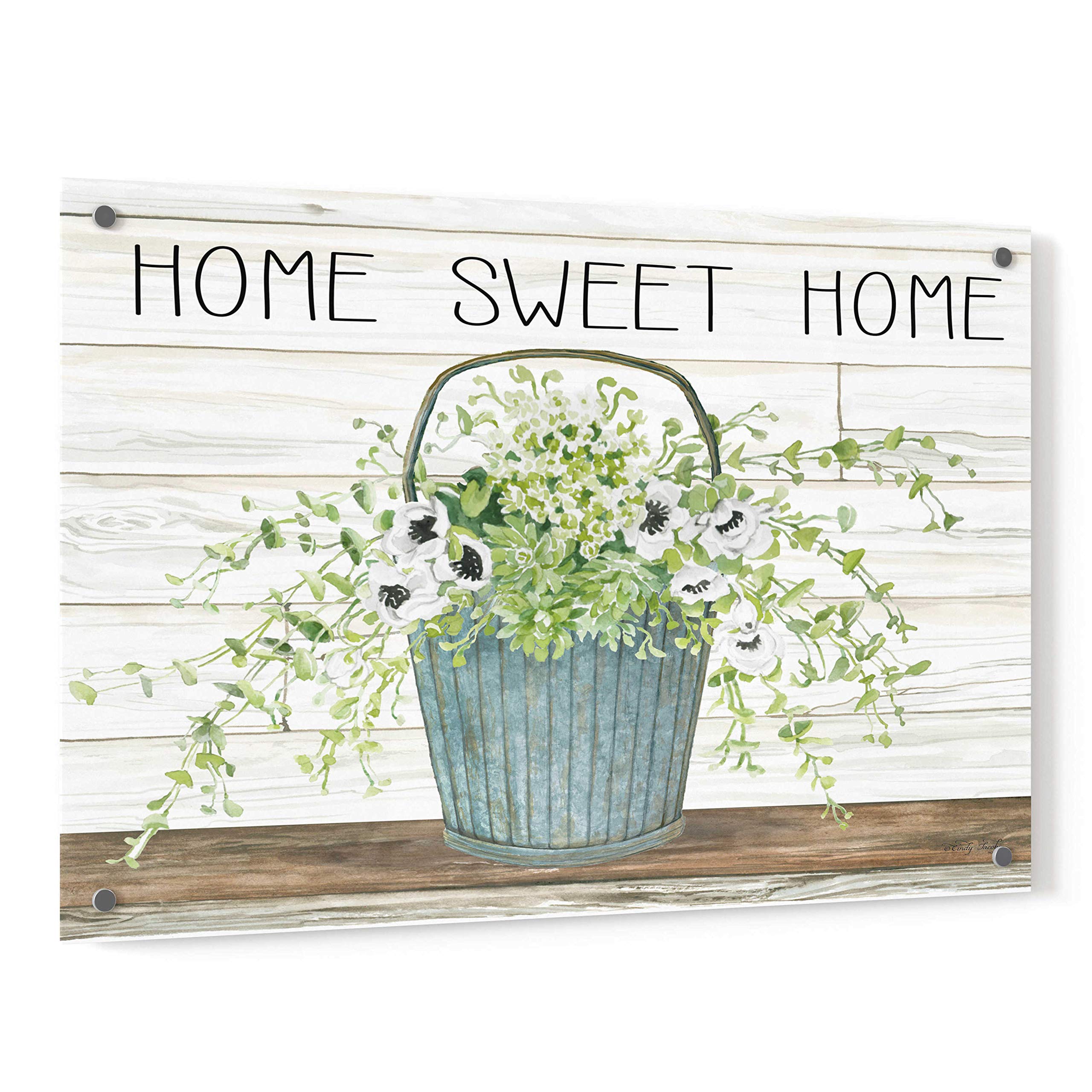 Epic Art 'Home Sweet Home' Galvanized Metal Bucket Wall Decor by Cindy Jacobs - 36x24 Inch Acrylic Glass Canvas Painting for Farmhouse, Rustic & Country Style Living Room, Bedroom, Kitchen Decor