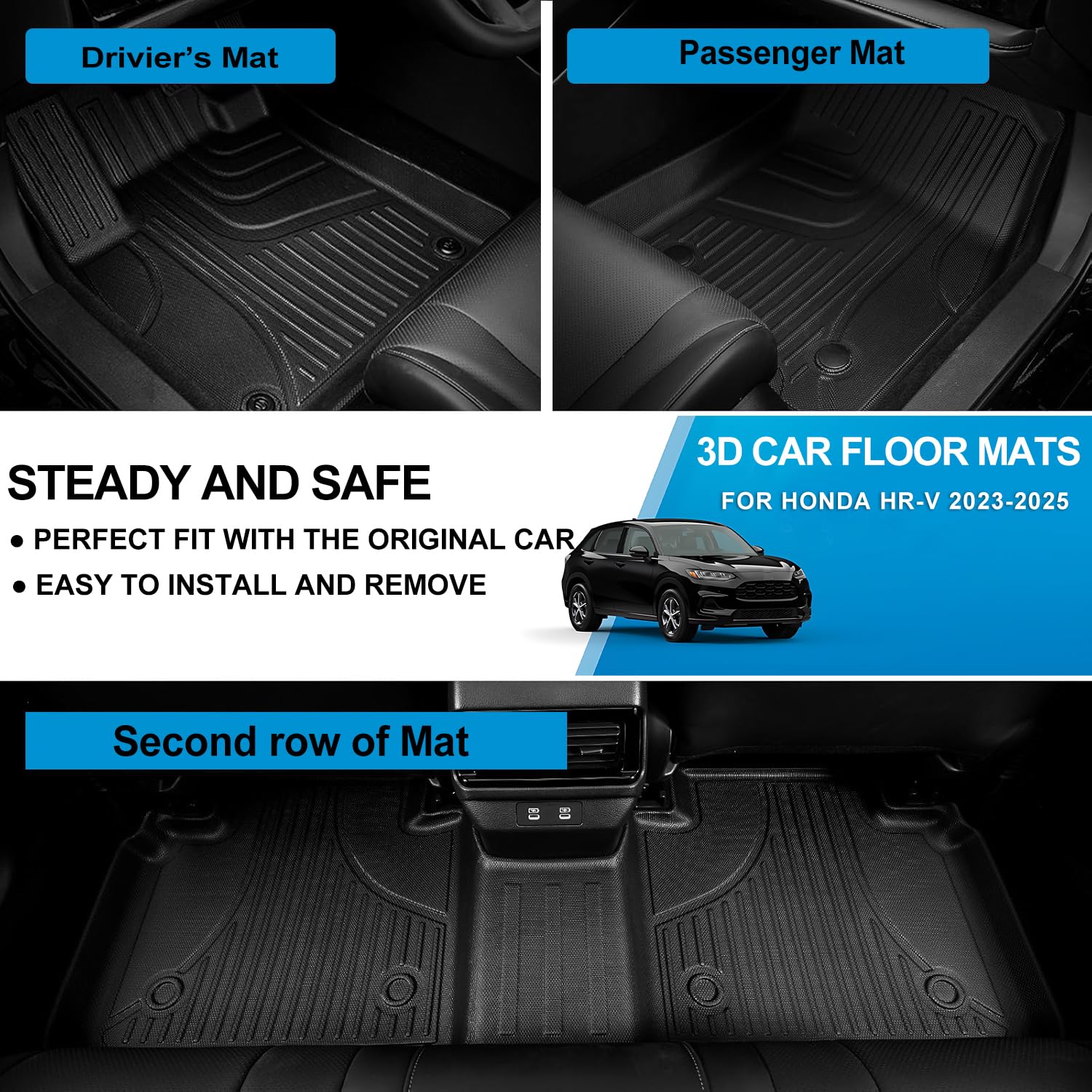 2023-2025 Honda HR-V Custom Fit TPE All-Weather Floor Mats - Full Set for Sport/LX/EX-L Models - Front & Rear Row Car Floor Liners - Perfect for Winter Snow, Rain Protection and Daily Commuting
