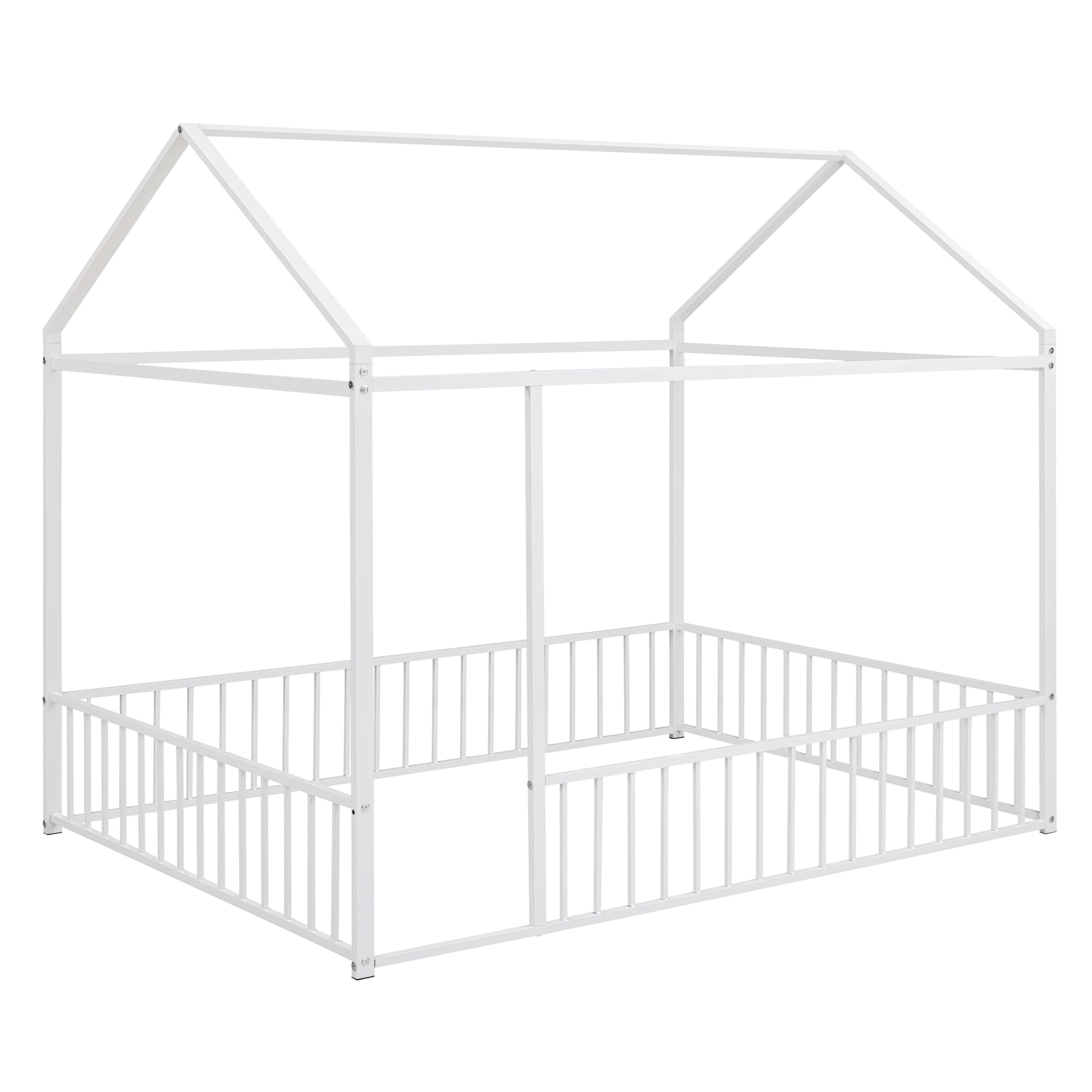 Montessori Floor Bed for Kids - Full Size White Metal House Bed Frame with Safety Fence | Playhouse Style Toddler Bed for Daytime Play & Nighttime Sleep | Perfect for Montessori Bedrooms & Playrooms