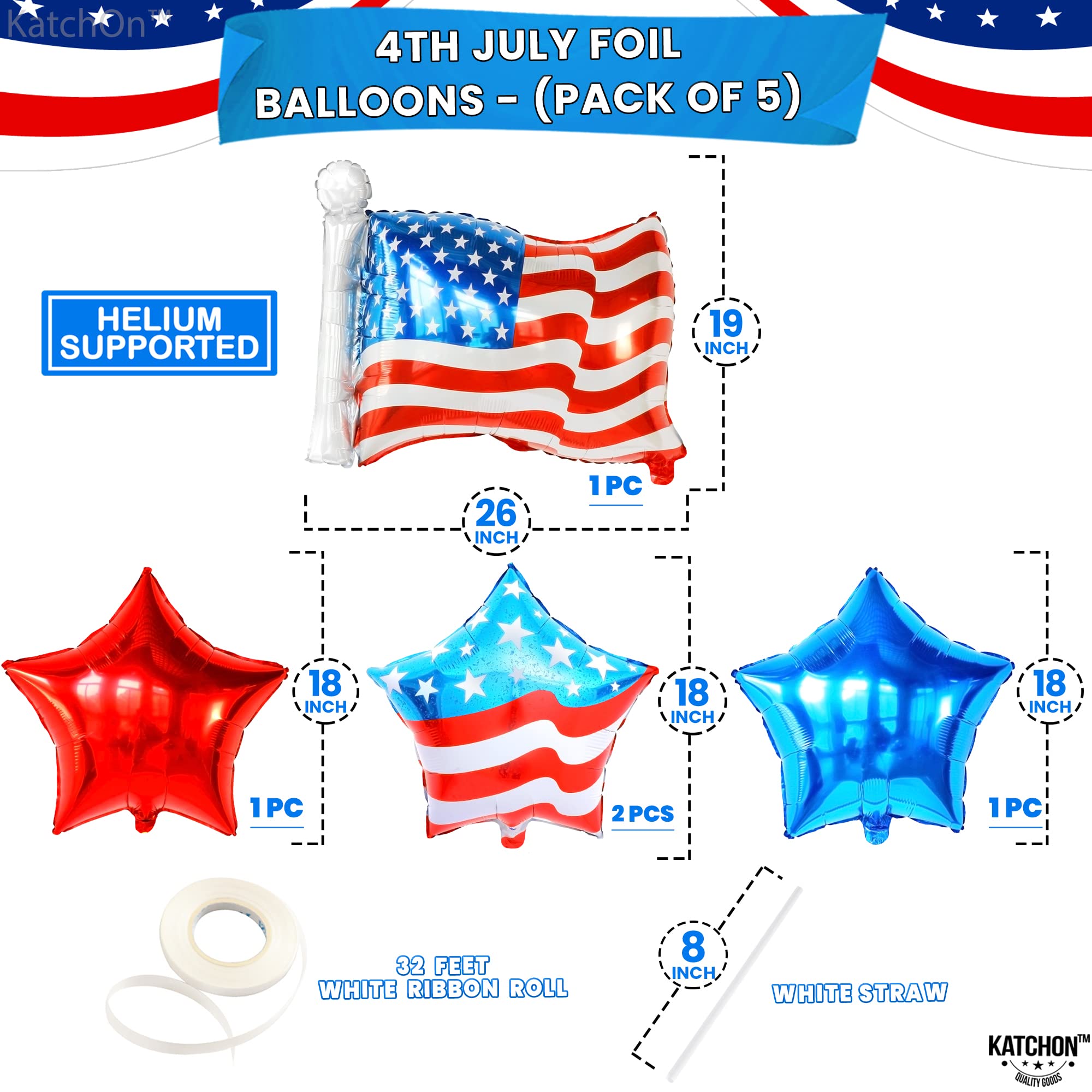 KatchOn 26 Inch 4th of July Balloons Decorations - Patriotic American Flag & Star Balloons for Independence Day Party Supplies | USA-Themed Party Decor | Perfect for Backyard BBQs, Parades & Patriotic Celebrations
